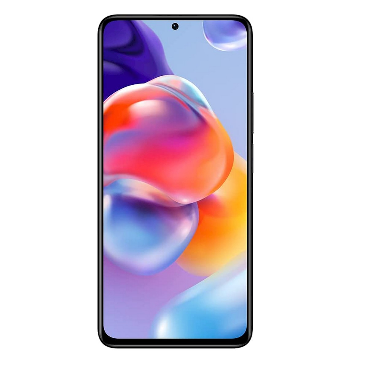 Widok z przodu smartfona z kolorowym abstrakcyjnym tłem. Czarne obramowanie. Białe tło.