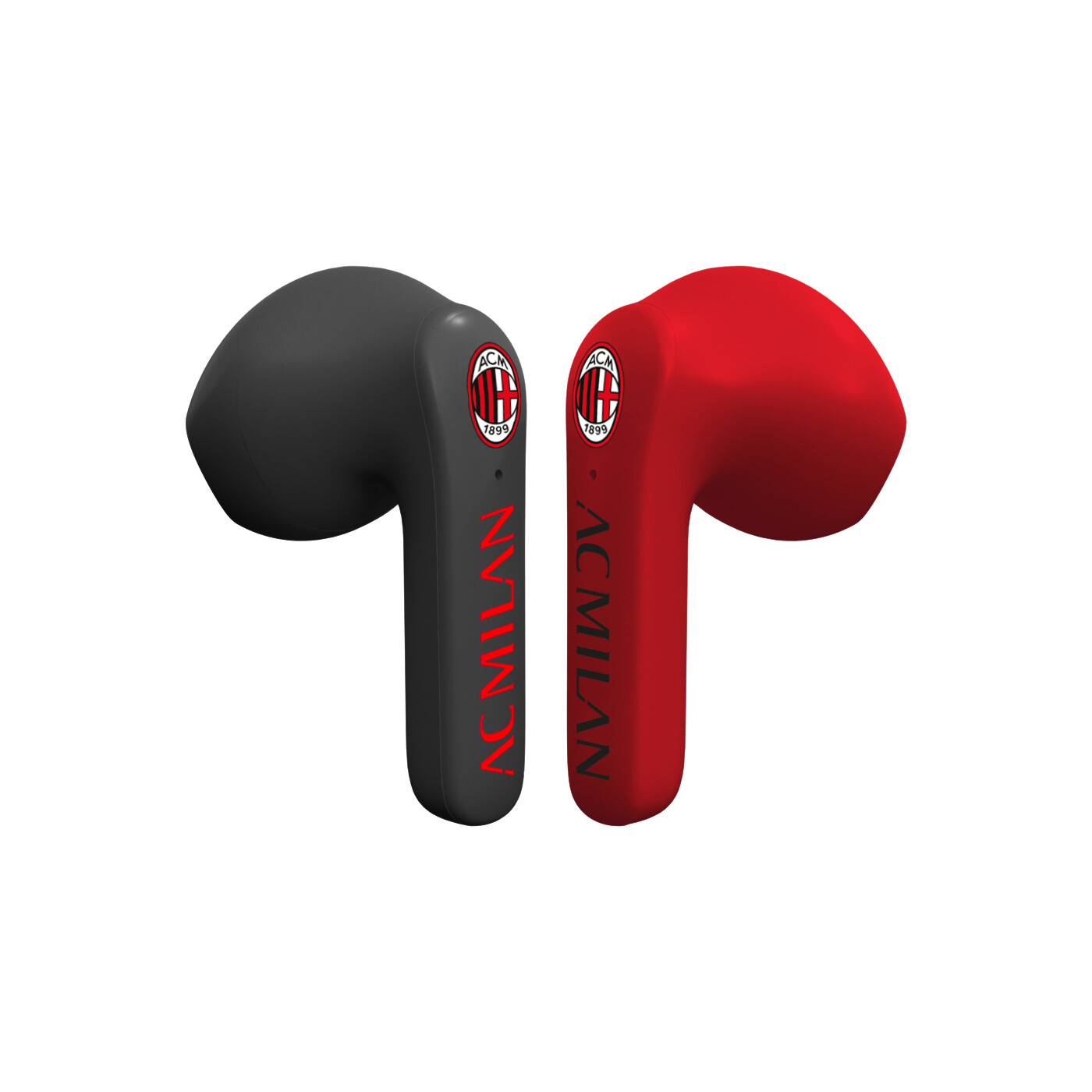 Coppia di auricolari AC Milan, uno nero, uno rosso. Logo AC Milan su ciascuno.