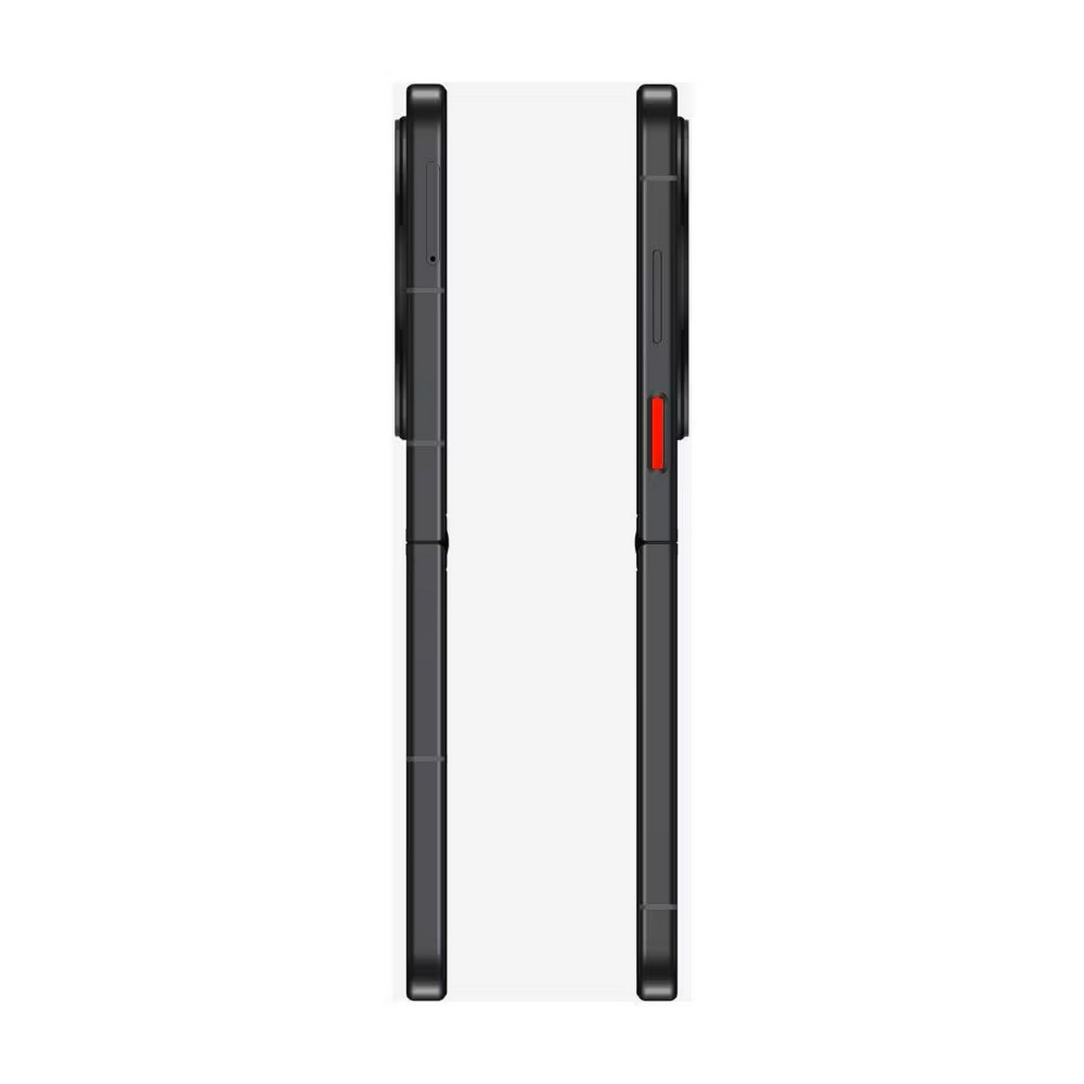 Składany telefon, czarny z czerwonym przyciskiem, widok z boku.