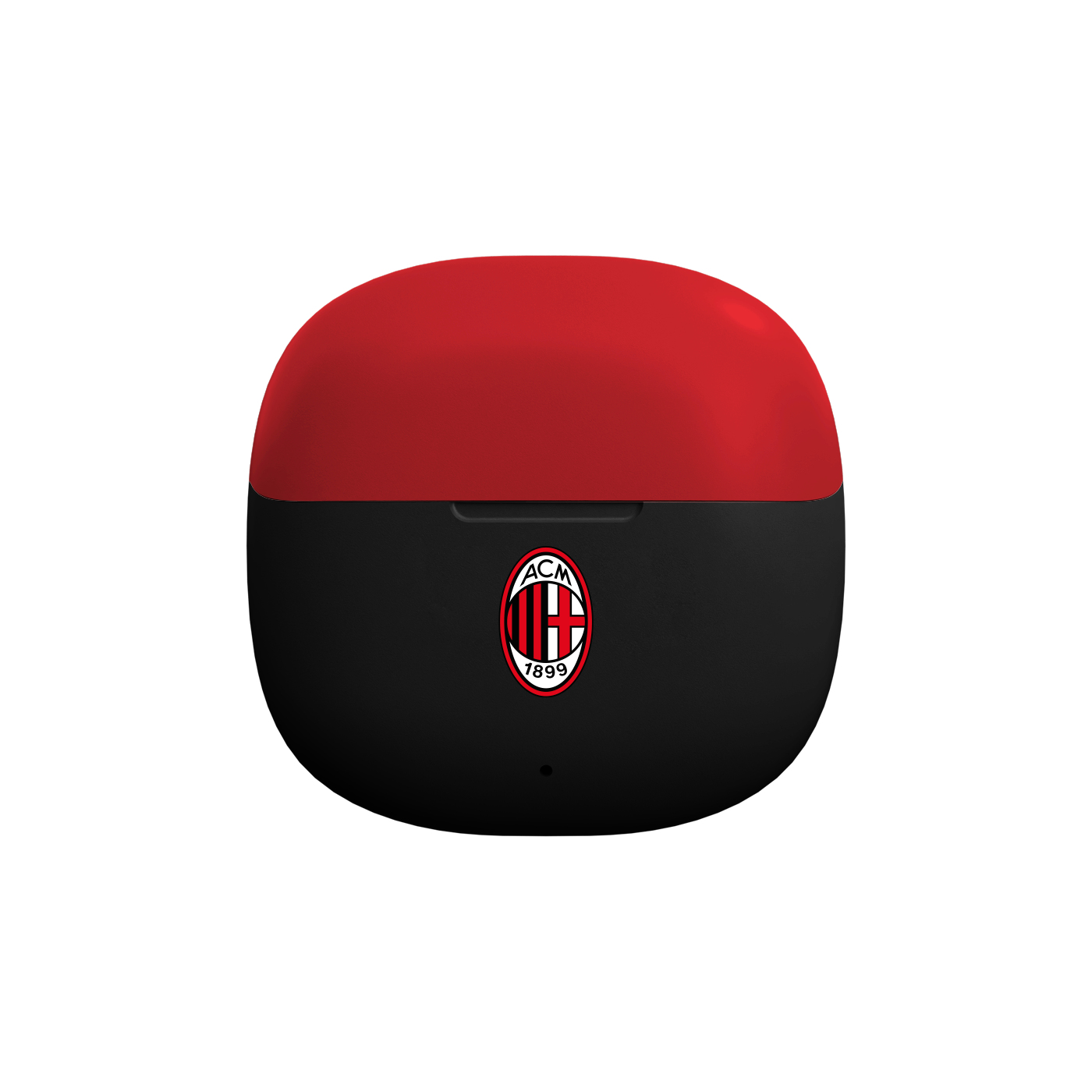 Custodia per auricolari, base nera e parte superiore rossa, con il logo dell'AC Milan. Sfondo bianco.