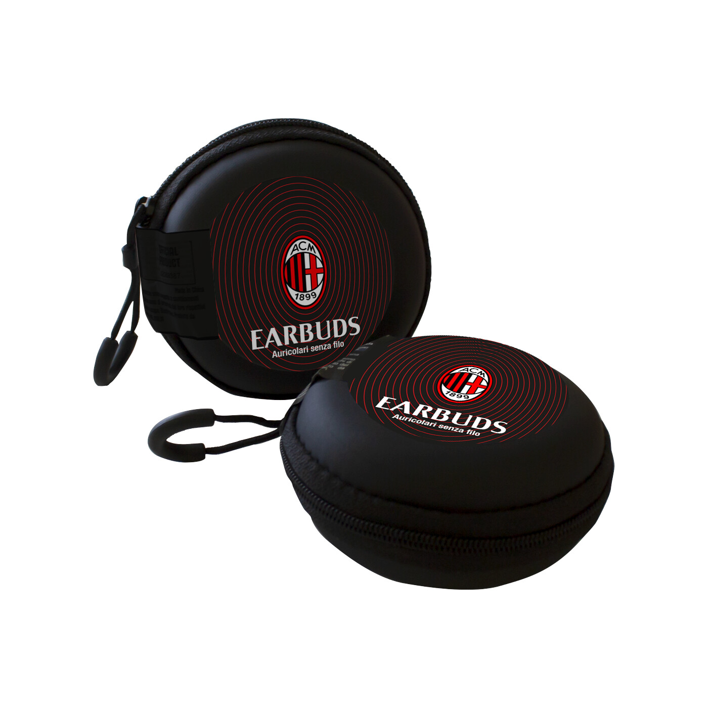 Due custodie nere per auricolari AC Milan, una aperta. Ognuna ha il logo AC Milan.