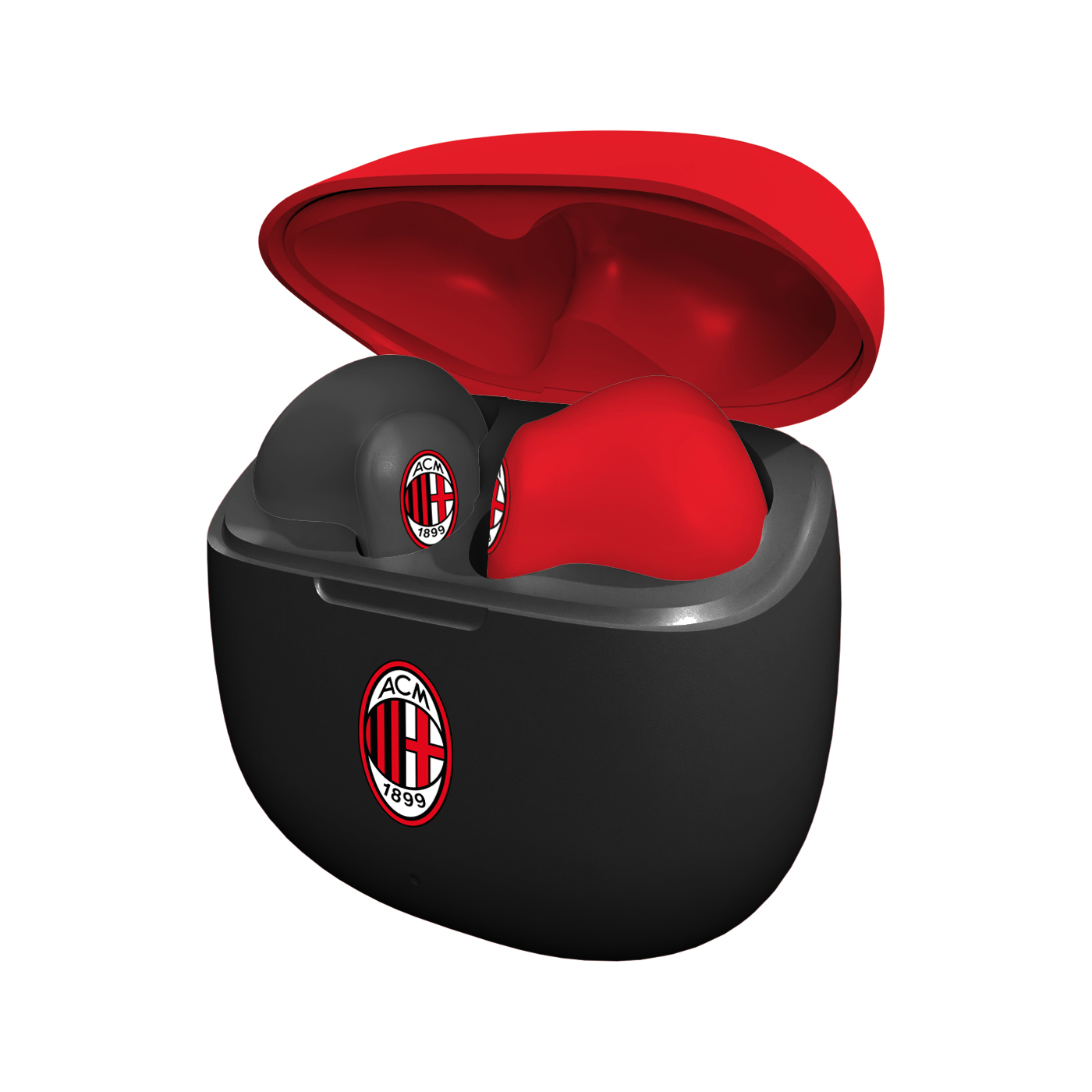 Auricolari neri e rossi in una custodia di ricarica. La custodia ha il logo dell'ACM Milan.