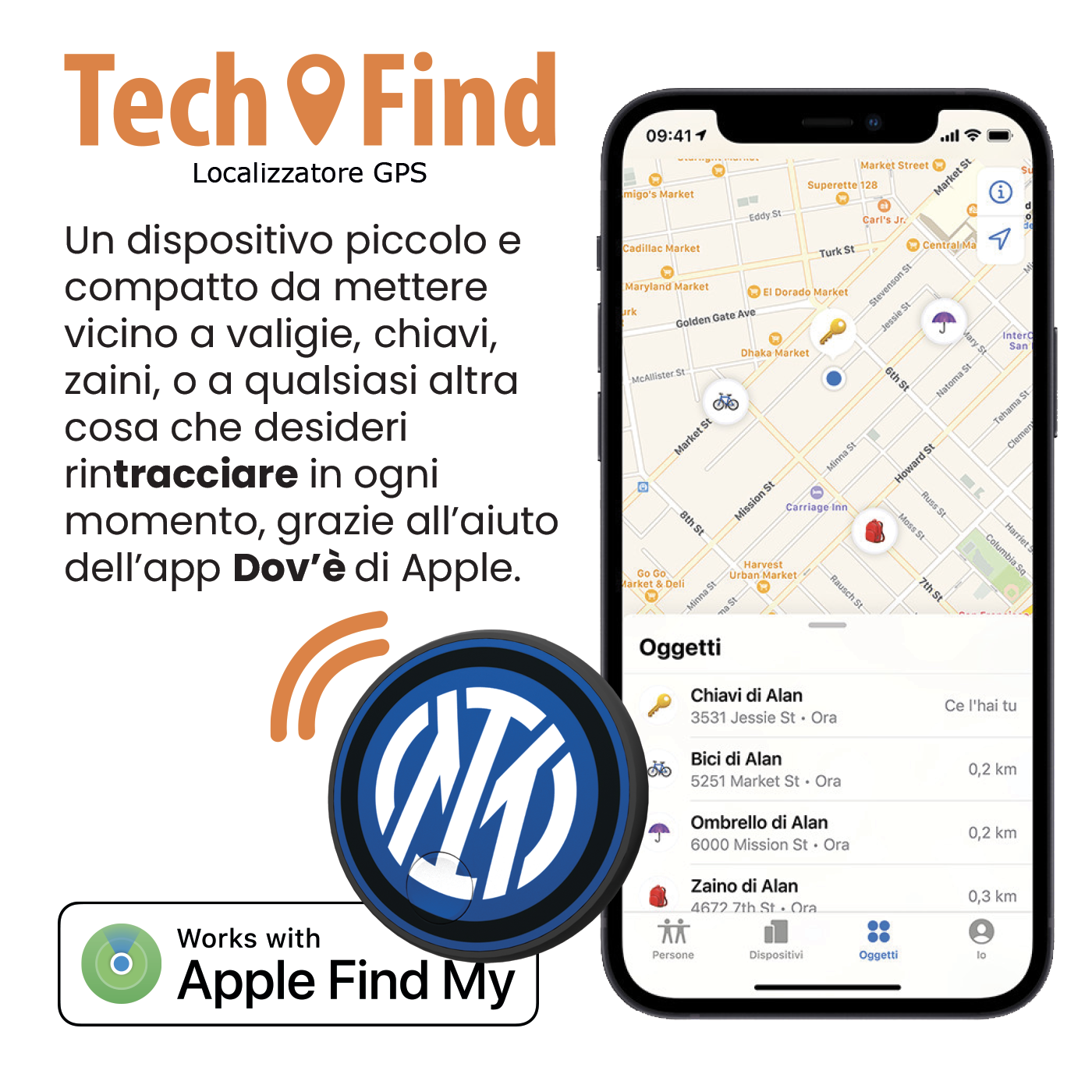 Obraz promocyjny Tech Find z telefonem wyświetlającym logo Inter i interfejs mapy.