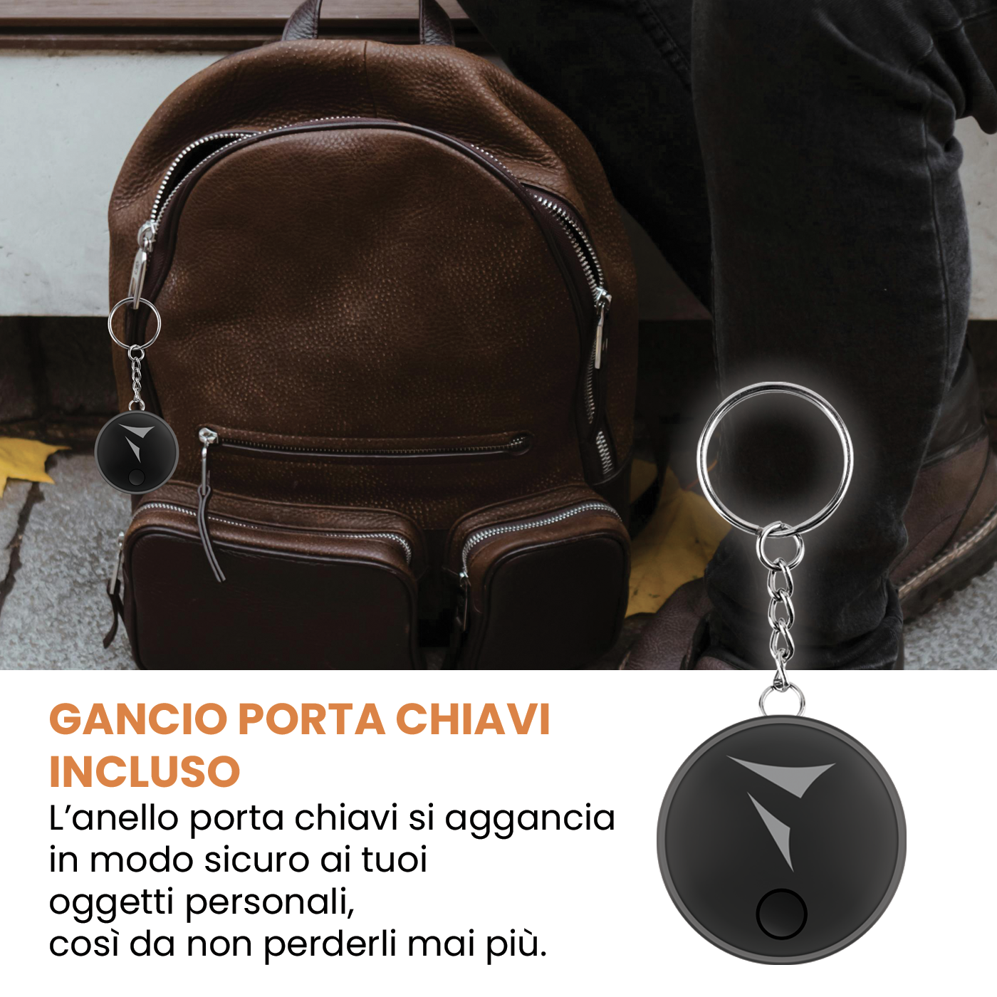 Zaino con etichetta Juventus, portachiavi e tag nero con logo.
