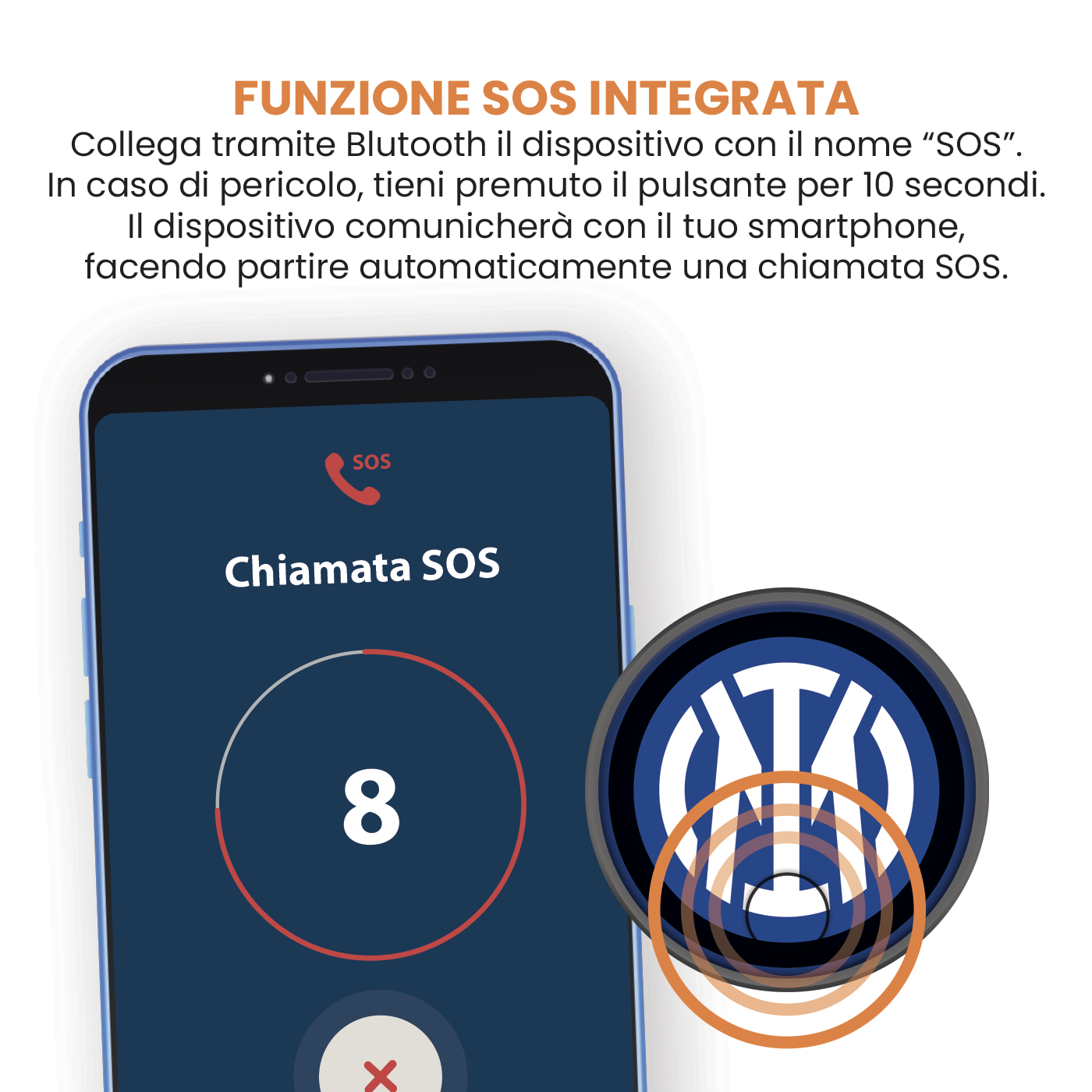 Telefon wyświetlający interfejs połączenia SOS z logo Interu Mediolan.