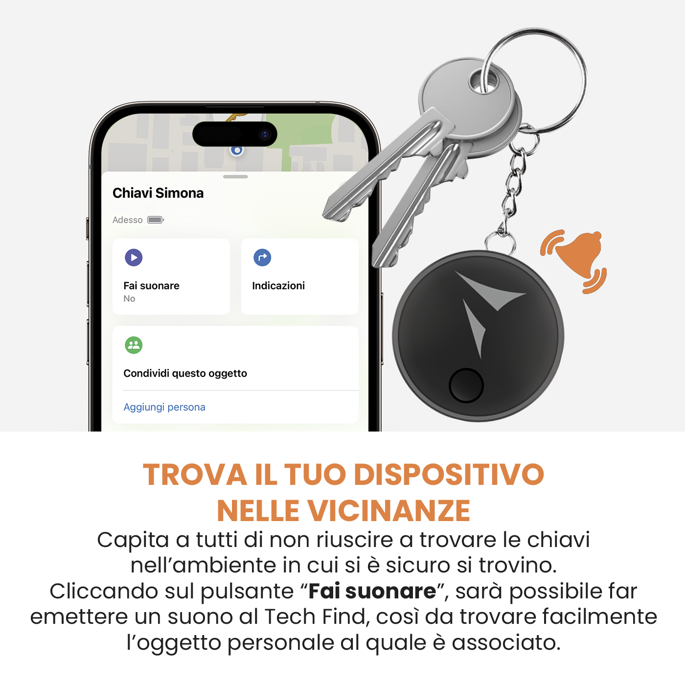 Uno schermo del telefono che mostra un'app per trovare le chiavi. Chiavi e un tag di tracciamento sono anch'essi nell'immagine.