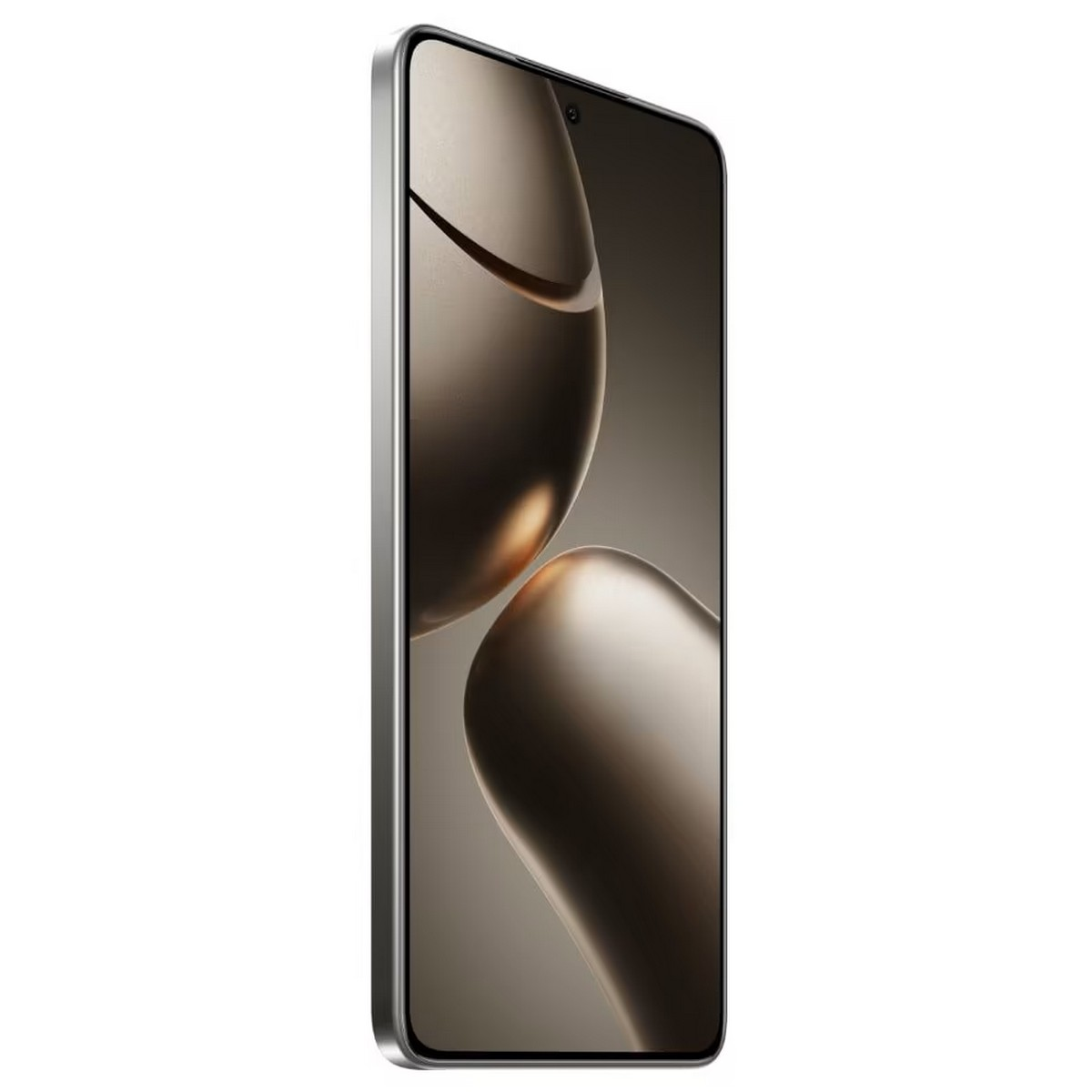 Smartphone plateado, vista en ángulo. Muestra una pantalla curva con un fondo dorado.