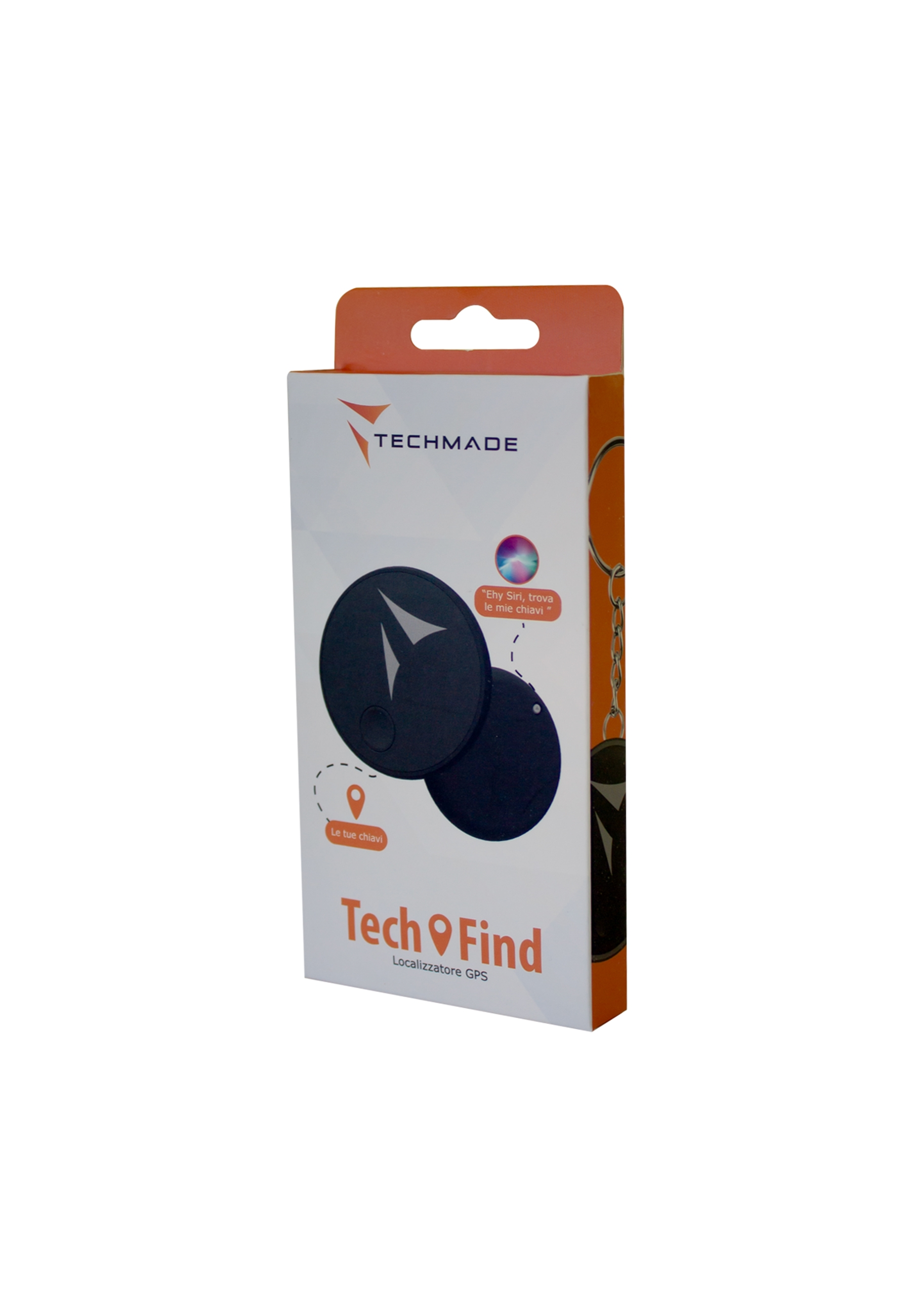 Scatola del prodotto per un tech tracker, con un tracker nero e un portachiavi.