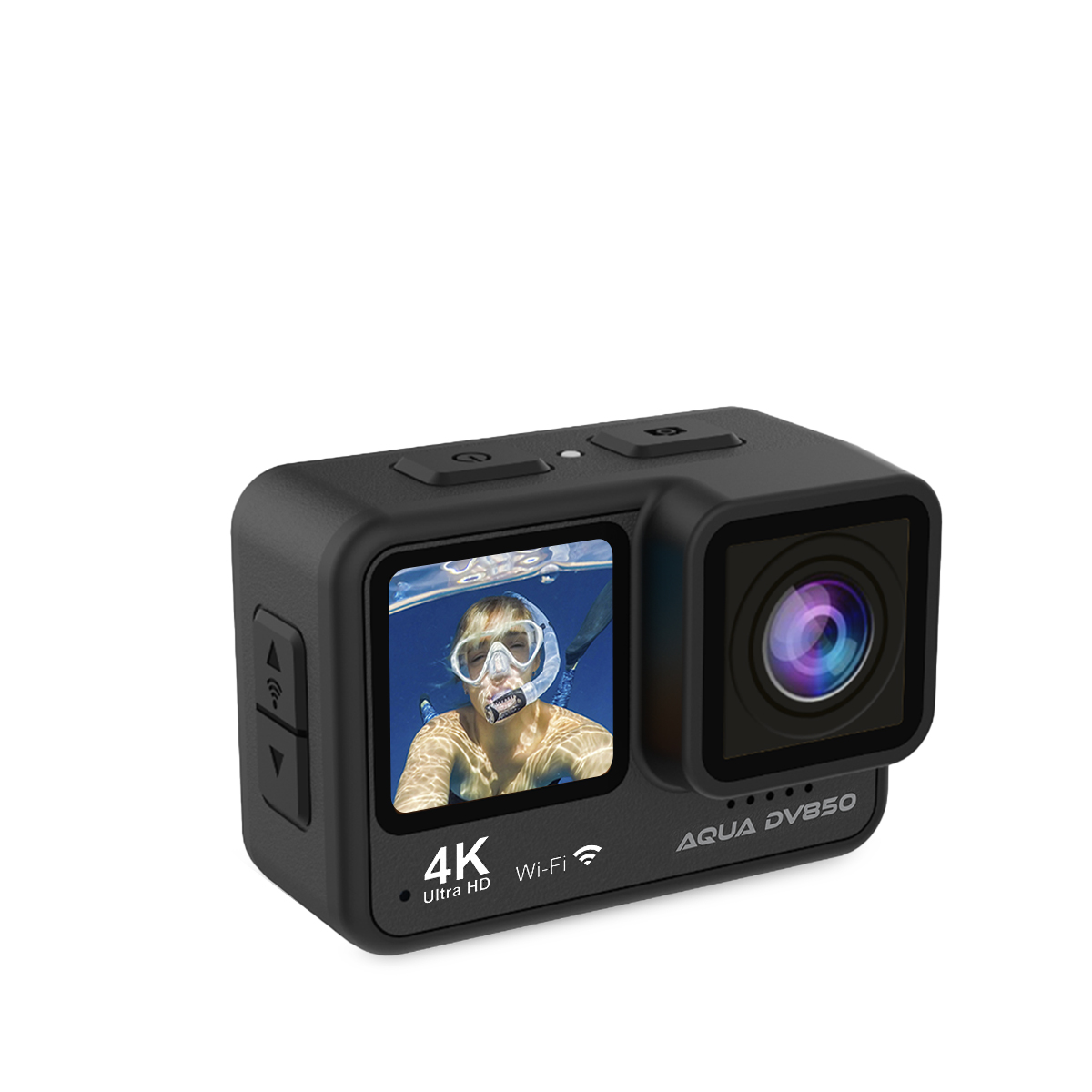 Czarna kamera sportowa z ekranem pokazującym osobę nurkującą z rurką, a tekst brzmi 4K Ultra HD Wi-Fi.