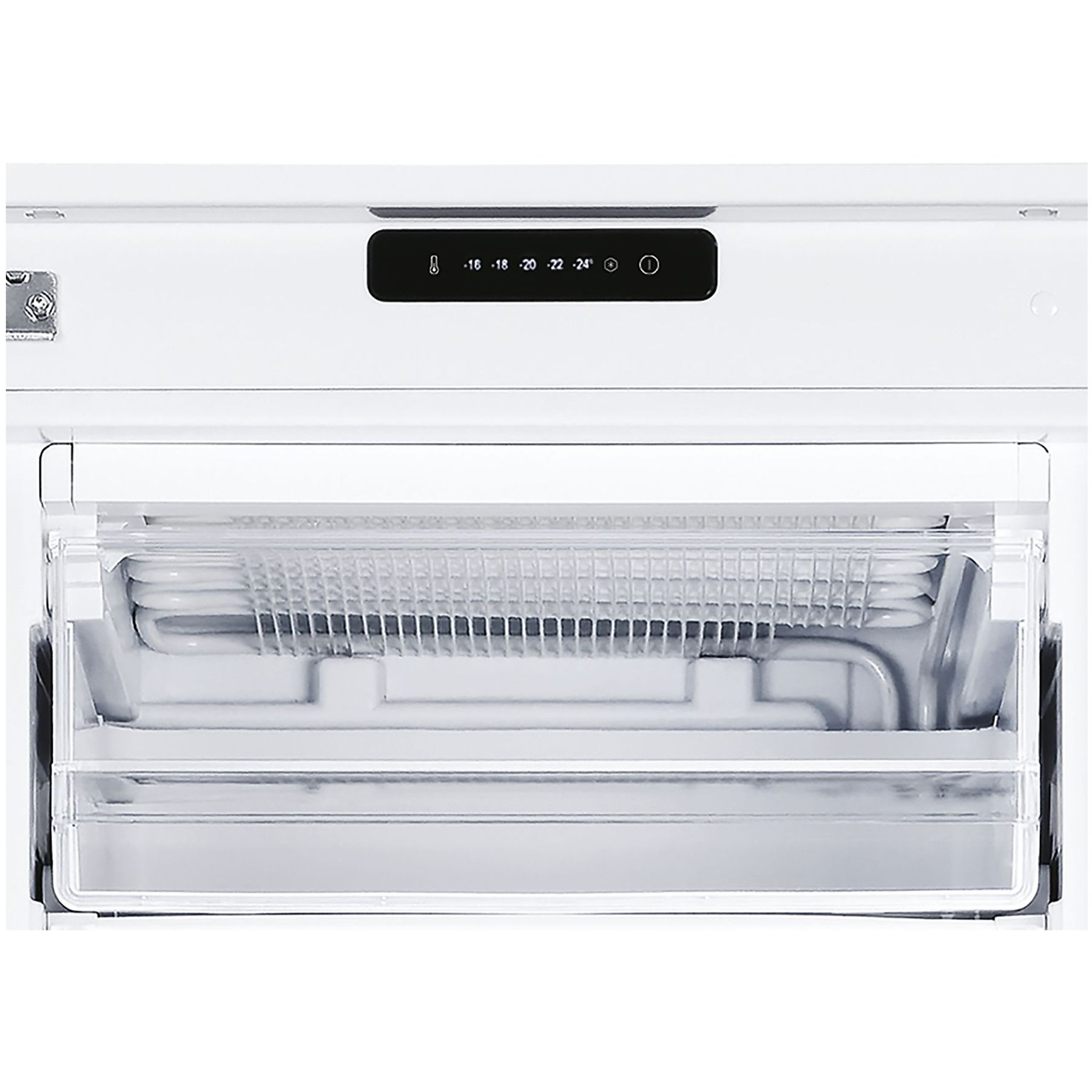 Interno del frigorifero bianco con display della temperatura e cassetto del congelatore.