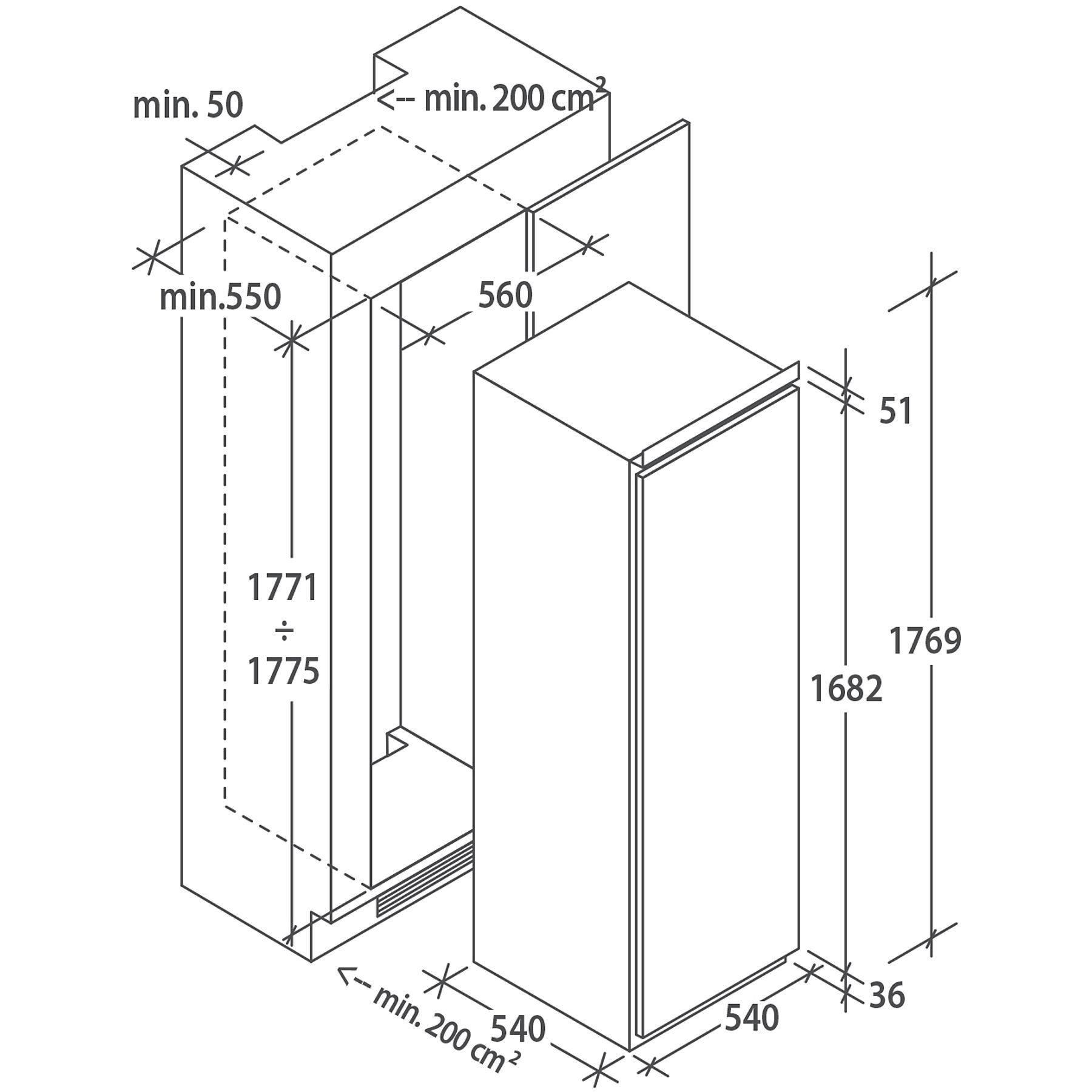 Diagramma di un frigorifero. Sono mostrate le dimensioni, comprese le dimensioni del ritaglio e le dimensioni del mobile.