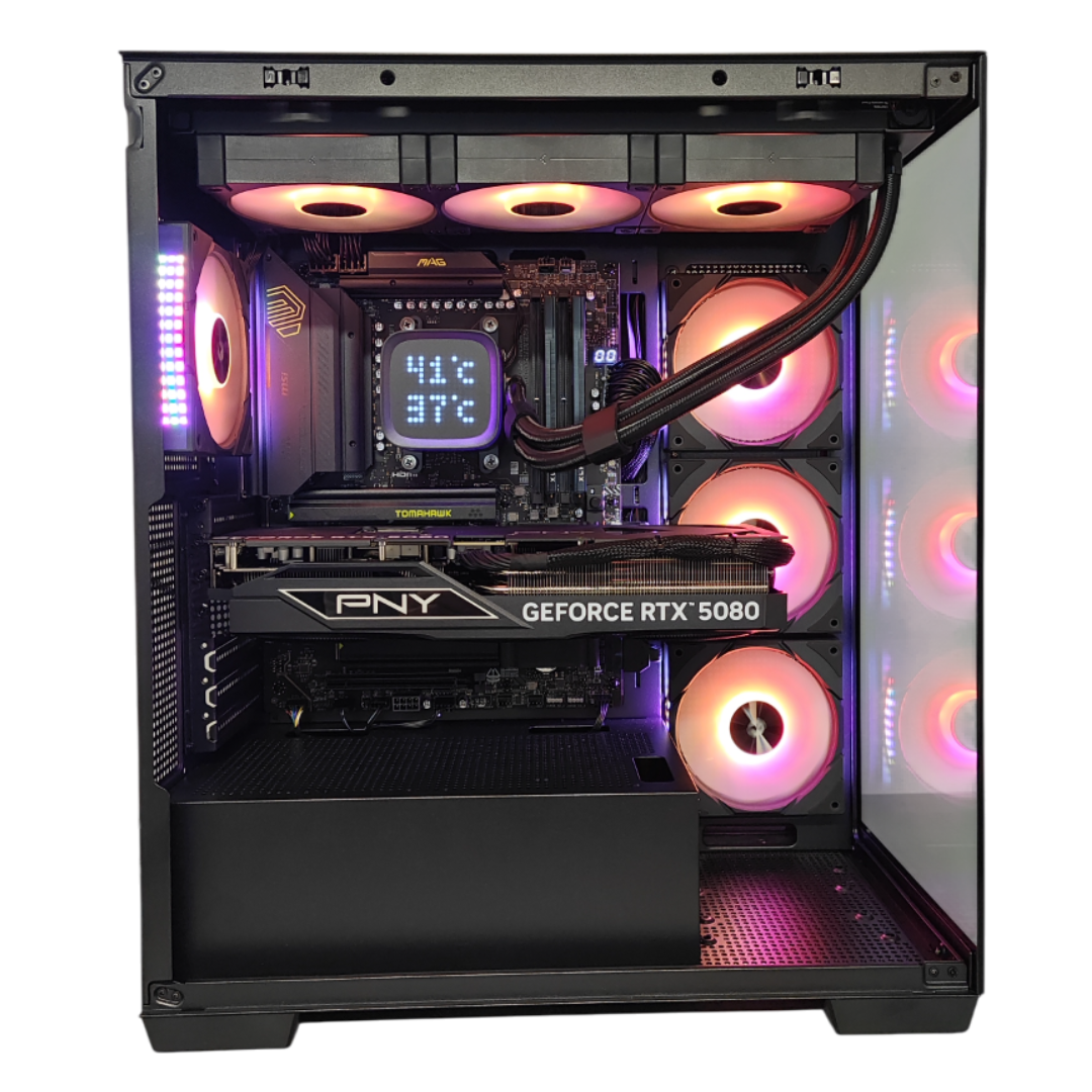 Un case per PC con interni colorati, tra cui una scheda grafica e ventole.