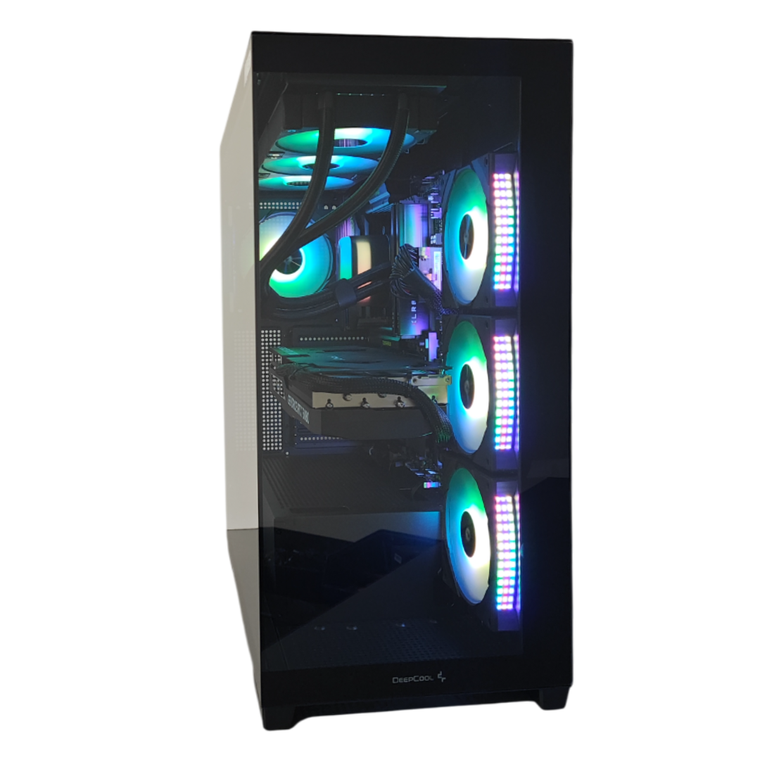 All'interno di un computer, una scheda grafica, un dissipatore CPU e ventole con luci colorate.