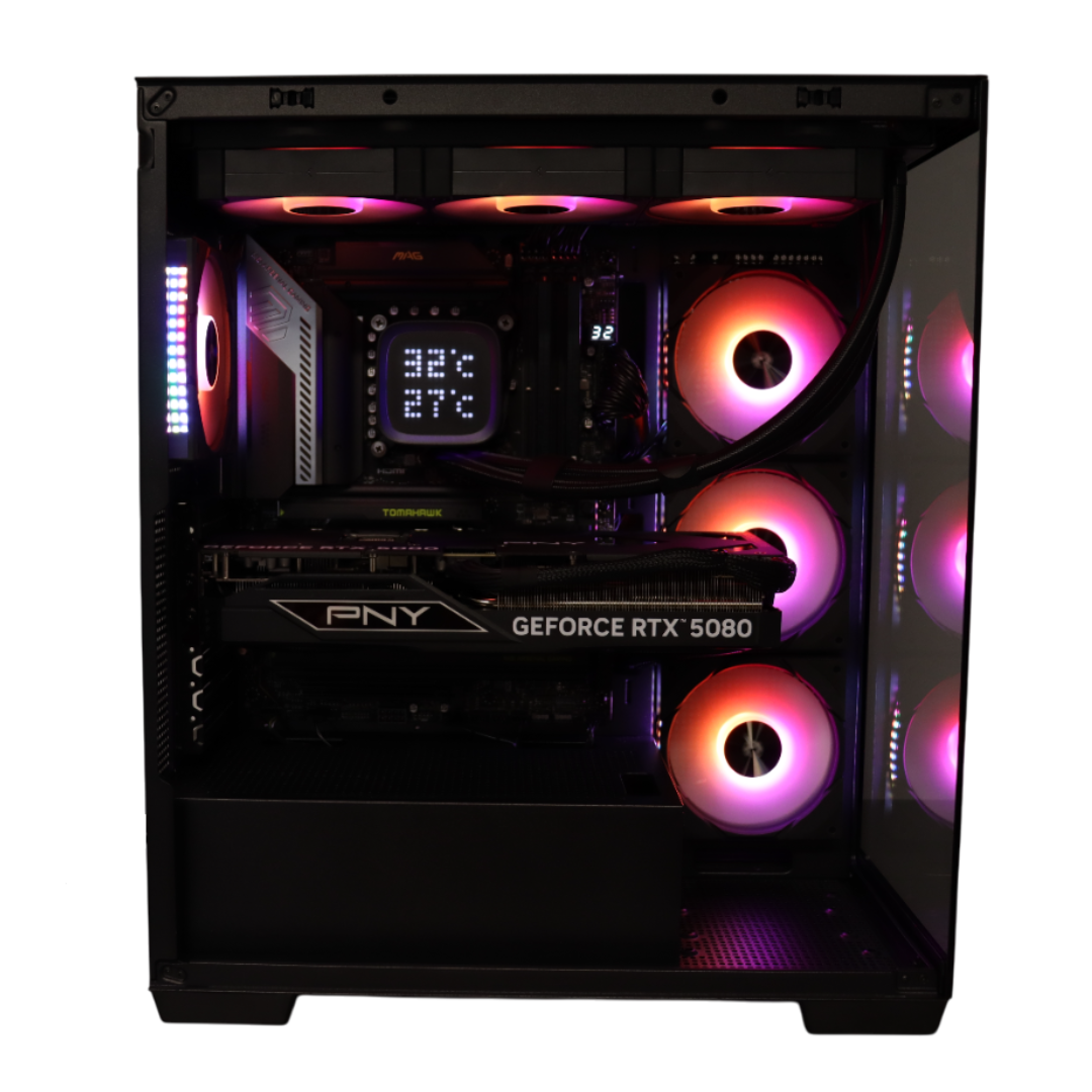 Case del computer aperto, rivelando ventole luminose, componenti interni e un display digitale.