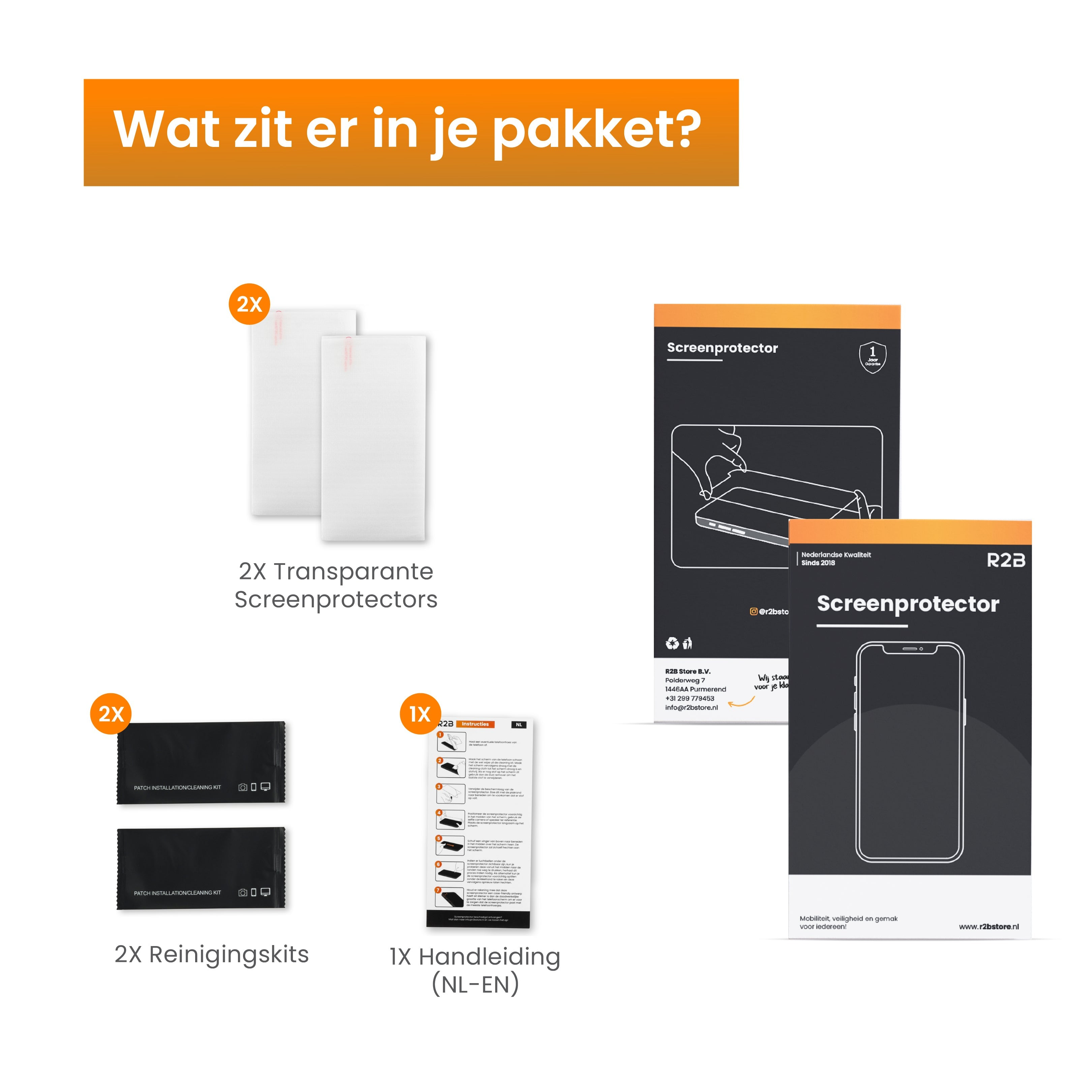 Protecteurs d'écran et kits de nettoyage, avec des instructions. Texte : 'Qu'y a-t-il dans votre colis ?'