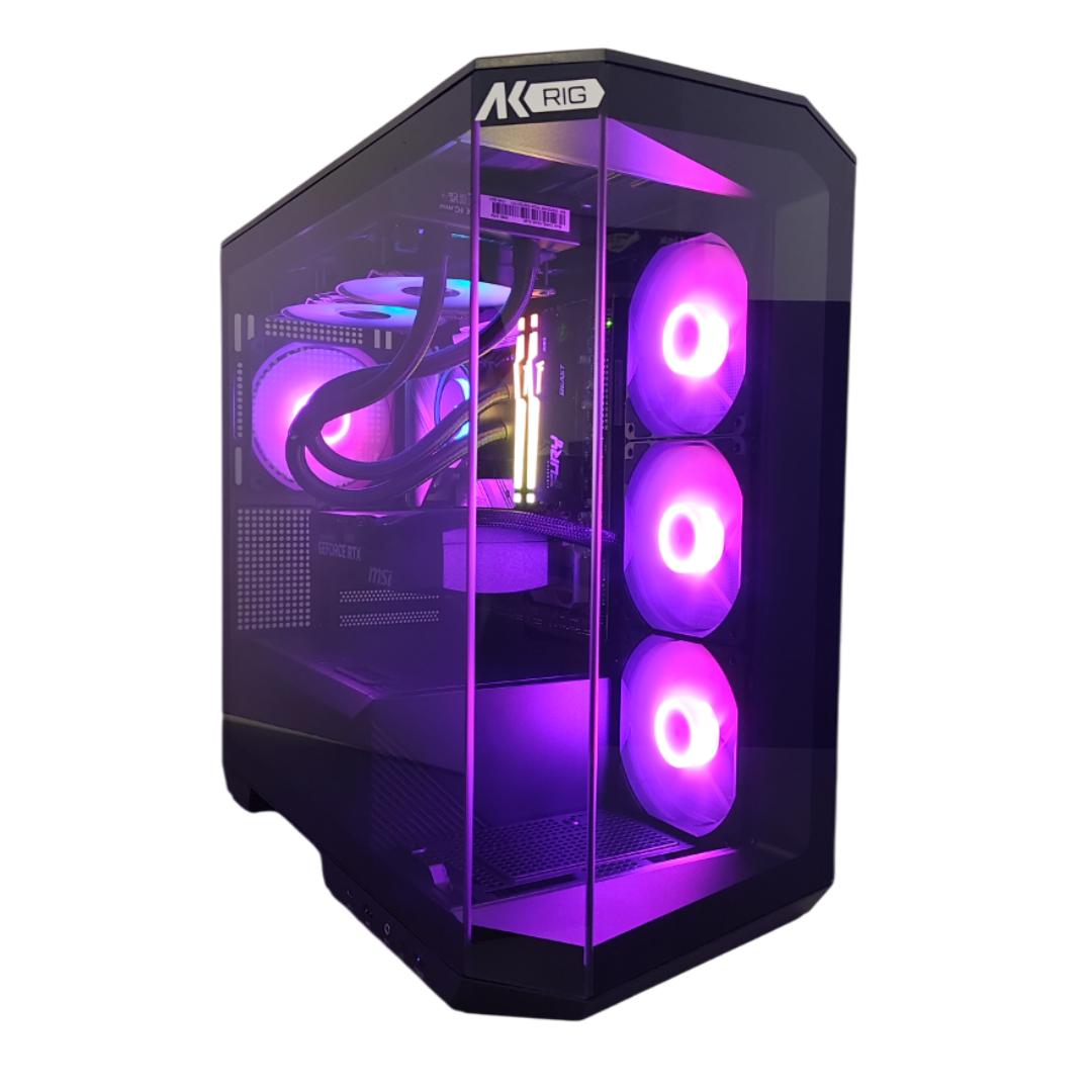 Un case per computer con un pannello laterale trasparente, illuminato da luci rosa delle ventole e dei componenti.