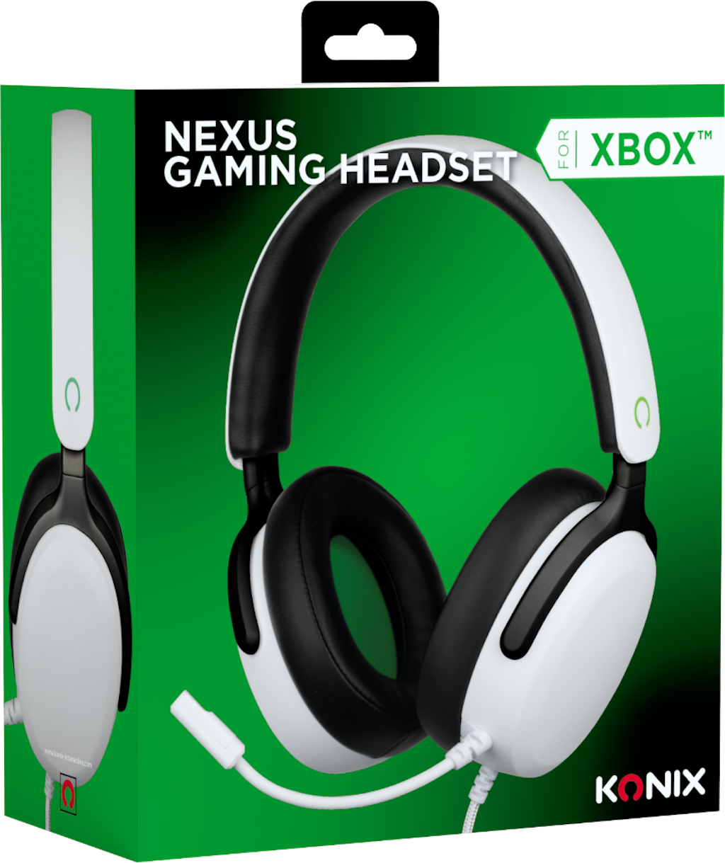 Weißes und schwarzes Xbox-Gaming-Headset in einer grünen Box mit dem Konix-Logo.