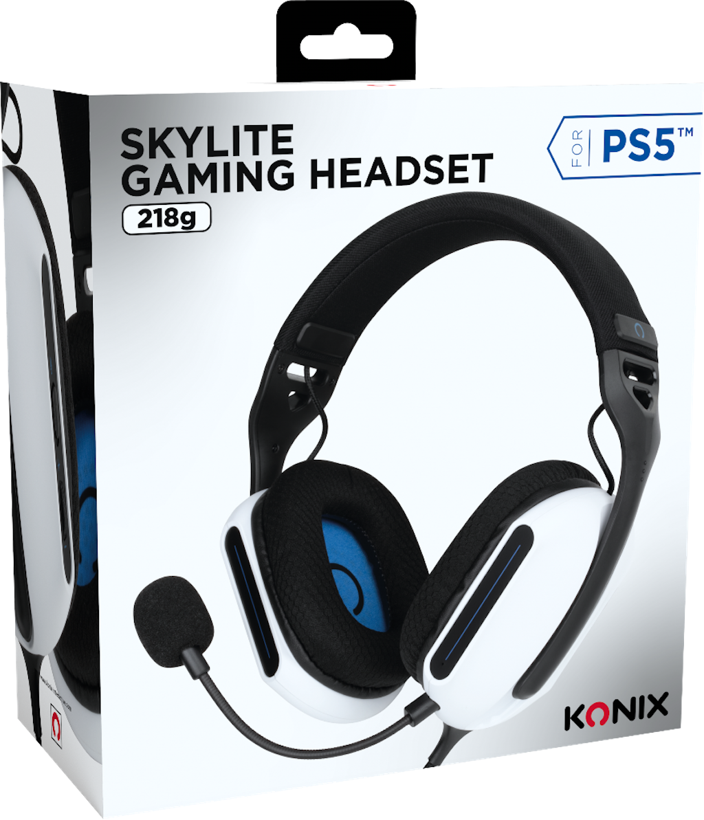 Een boxed gaming headset voor PS5, wit en zwart, met een microfoon.