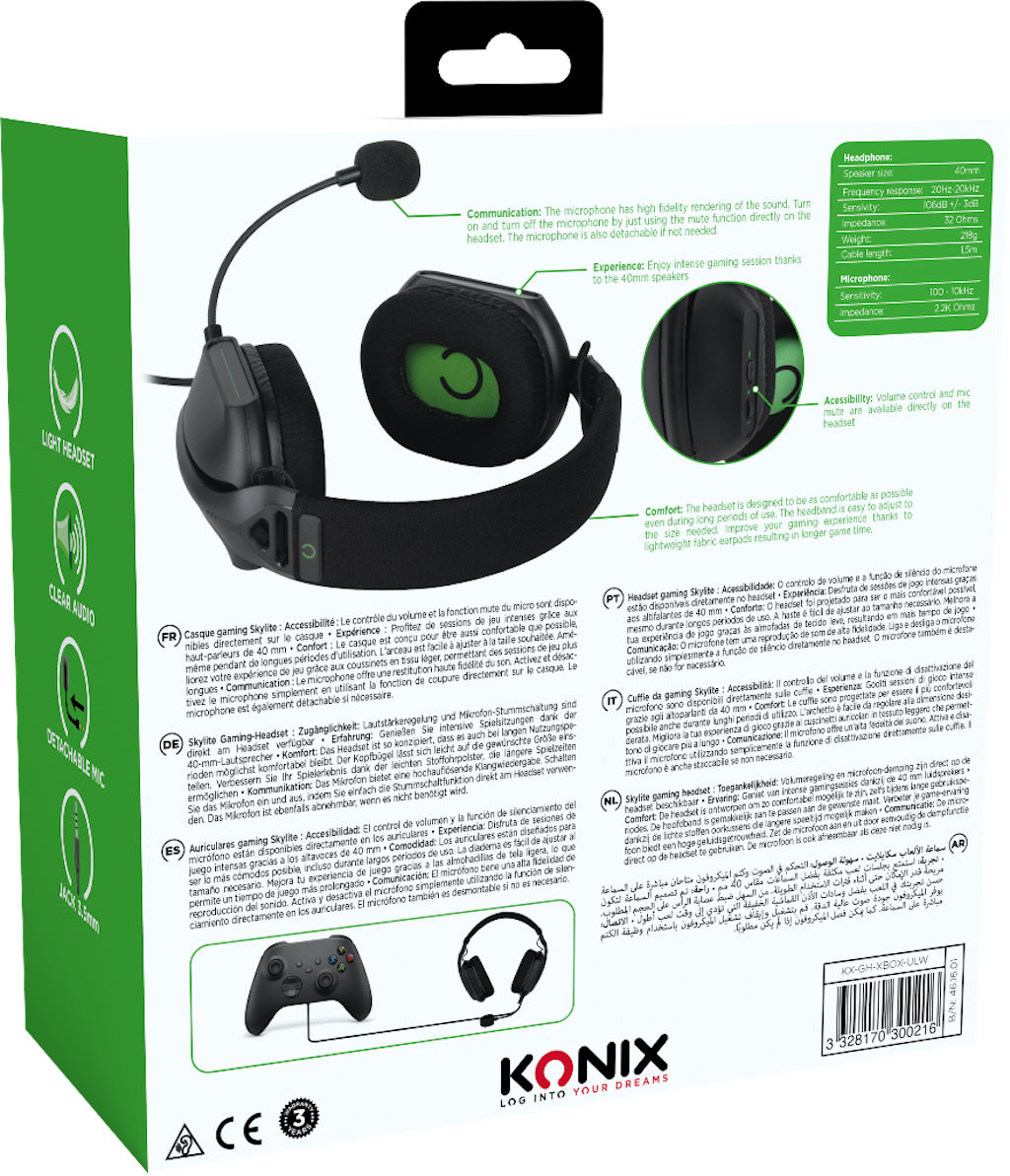 Achterkant van de headset met tekst en een controller.