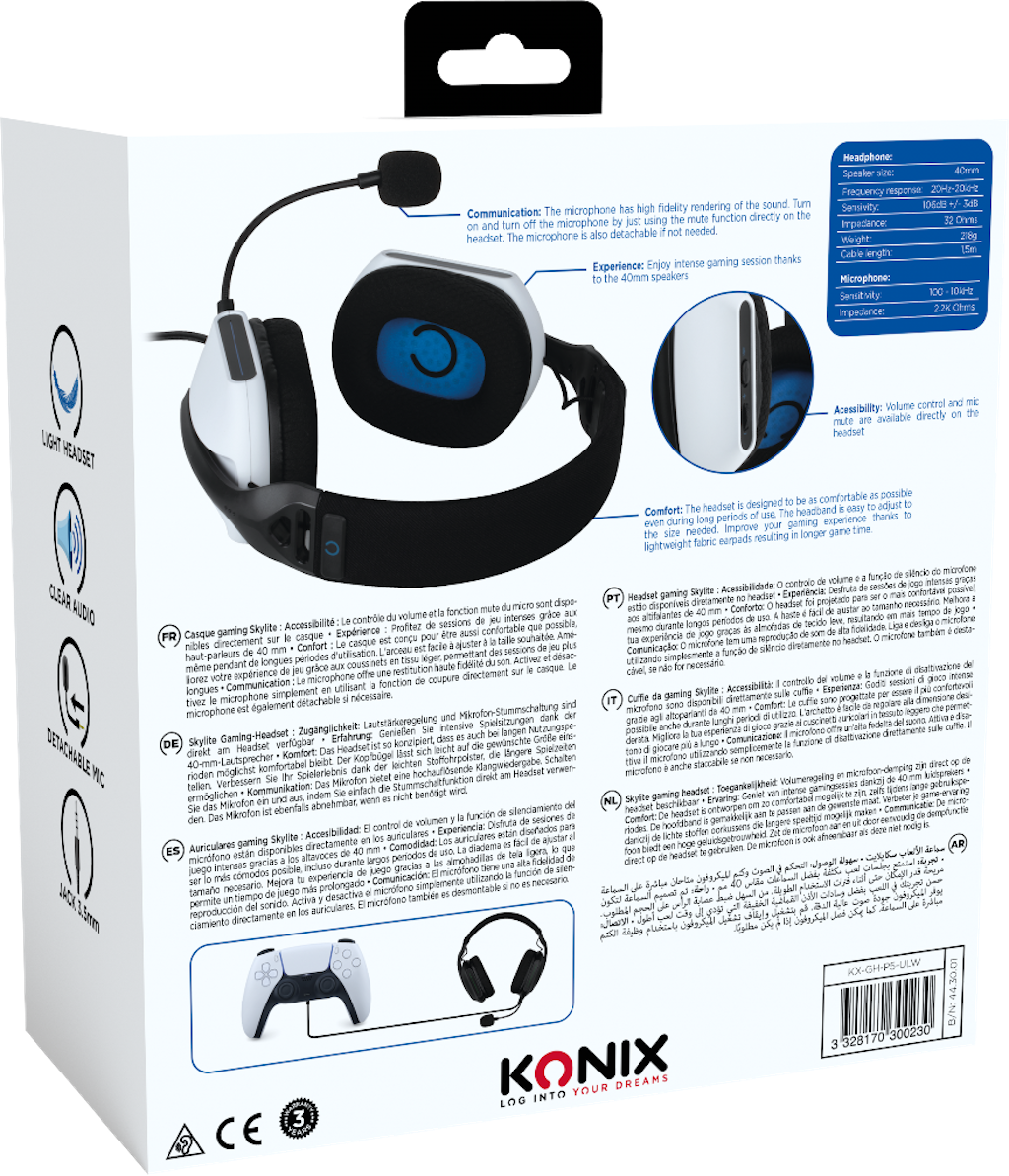 Headsetdoos met tekst en afbeelding van headset. Witte en zwarte headset met microfoon.