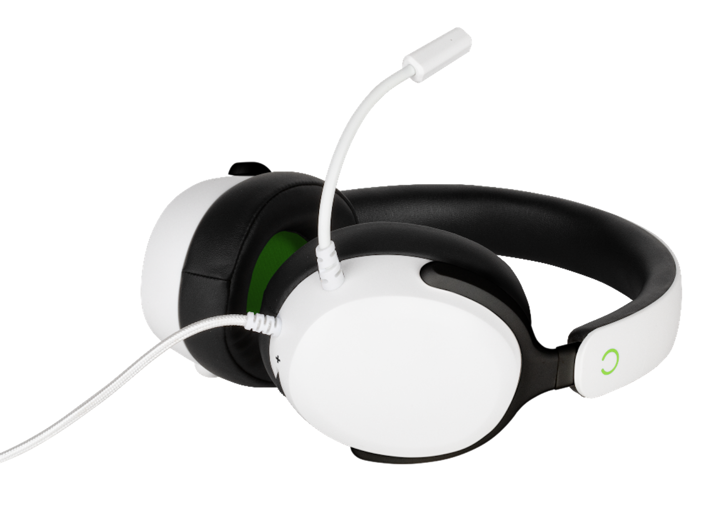 Weiß-schwarzes Headset mit Mikrofon.