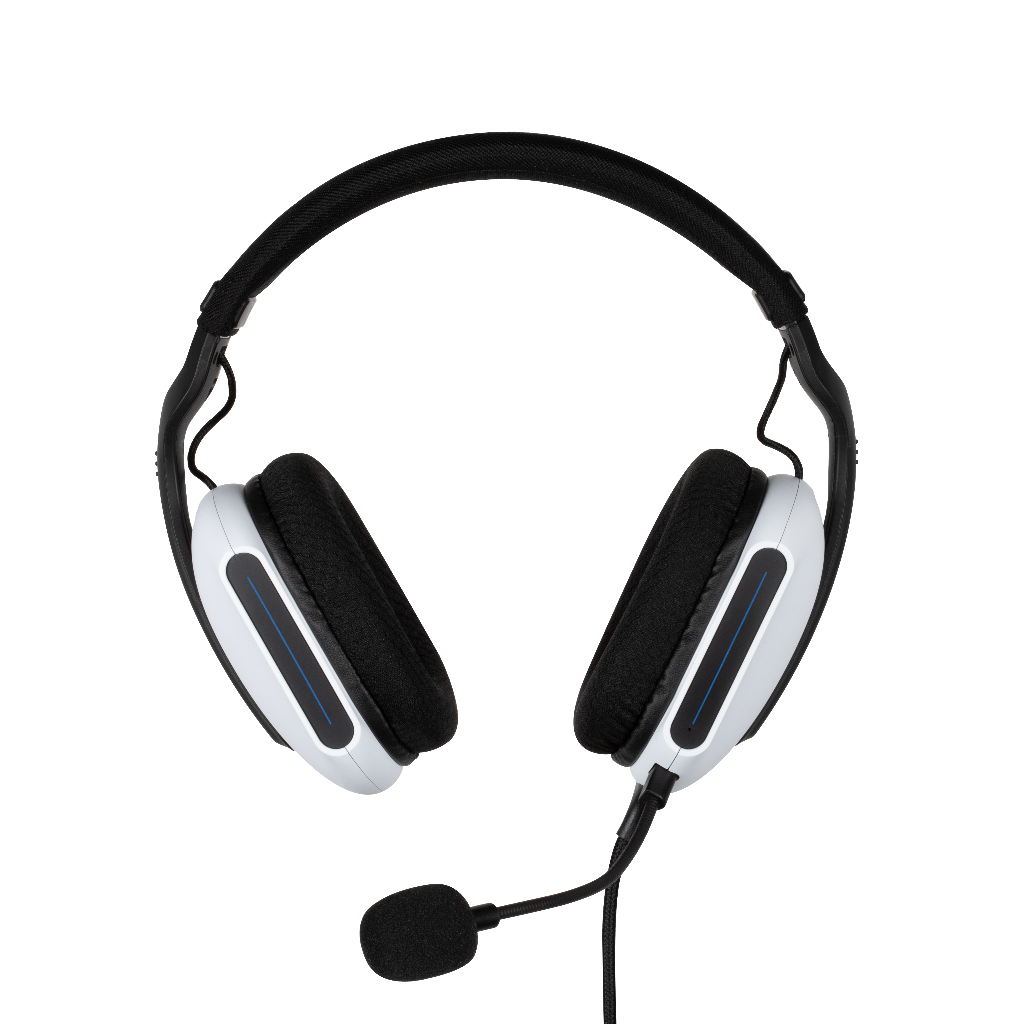 Witte en zwarte gaming headset met microfoon. Zwarte hoofdband en oorschelpen.
