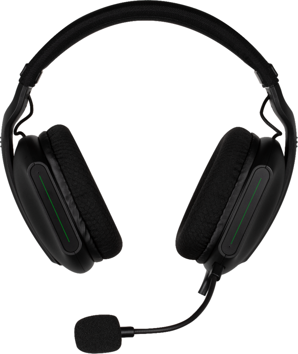 Zwarte gamingheadset met microfoon, groene lijn op de oorschelp.