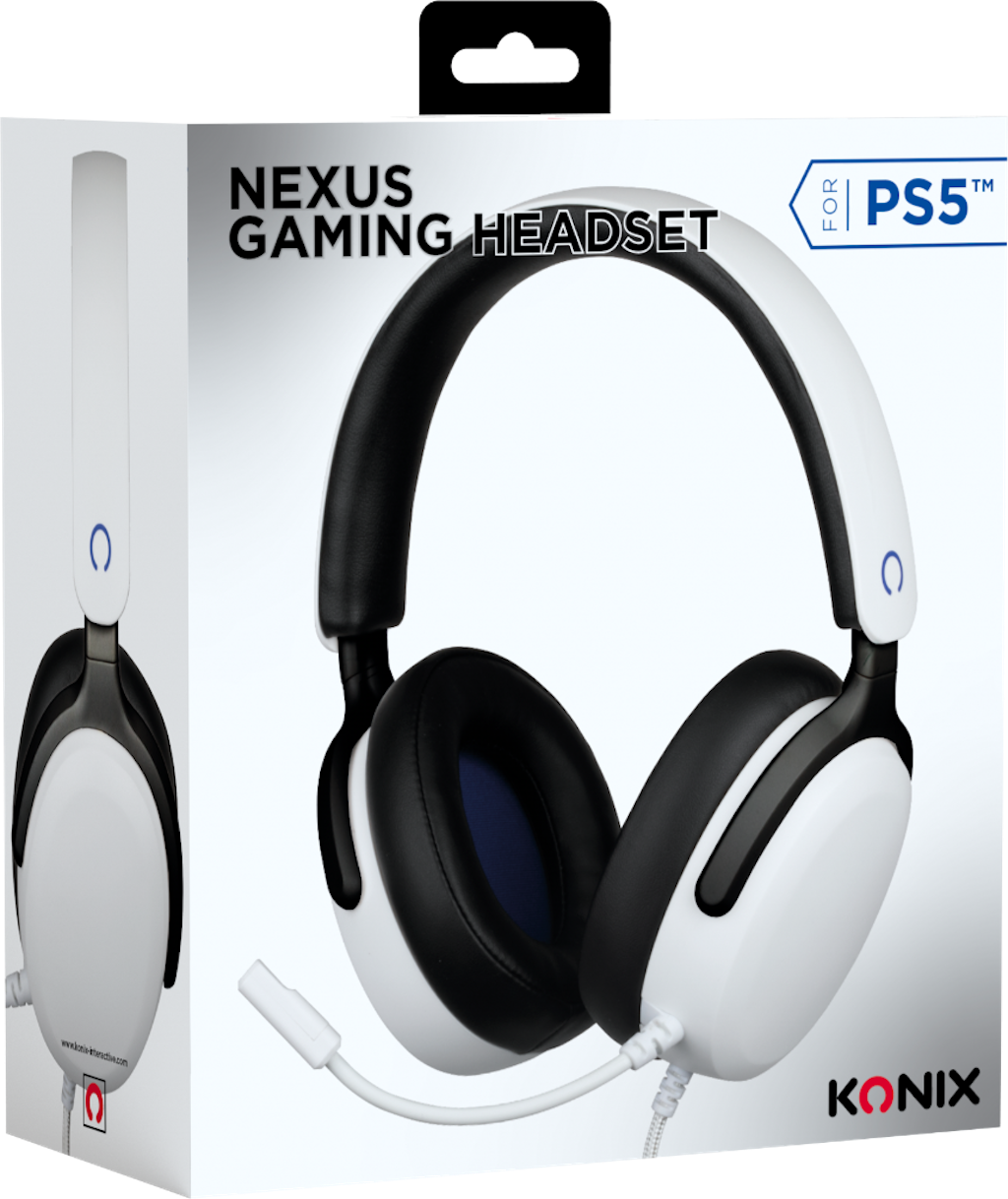 Witte en zwarte Nexus gaming headset voor PS5, met een microfoon en het Konix logo.