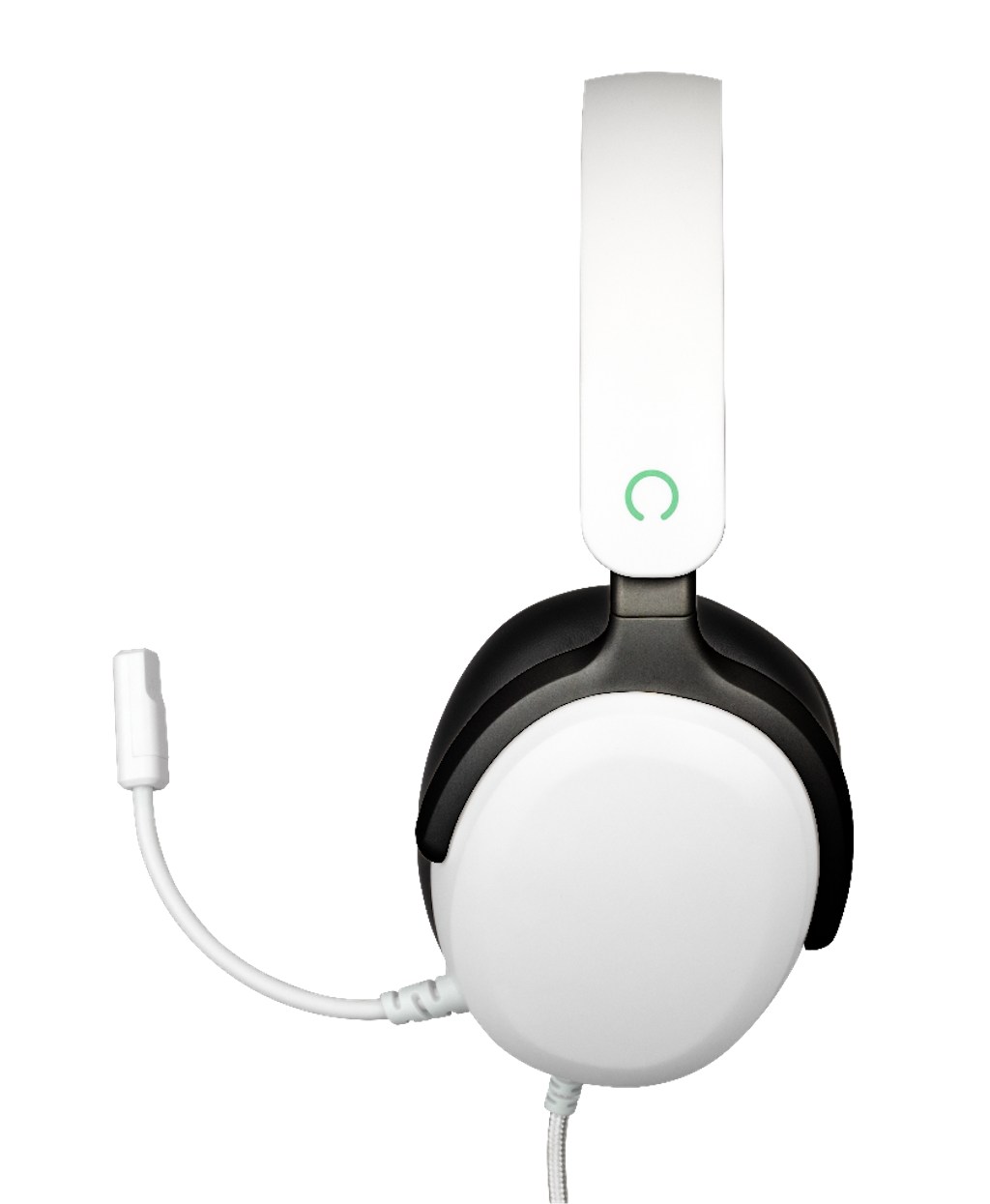 Weiß-schwarzes Gaming-Headset mit Mikrofon, isoliert auf schwarzem Hintergrund.