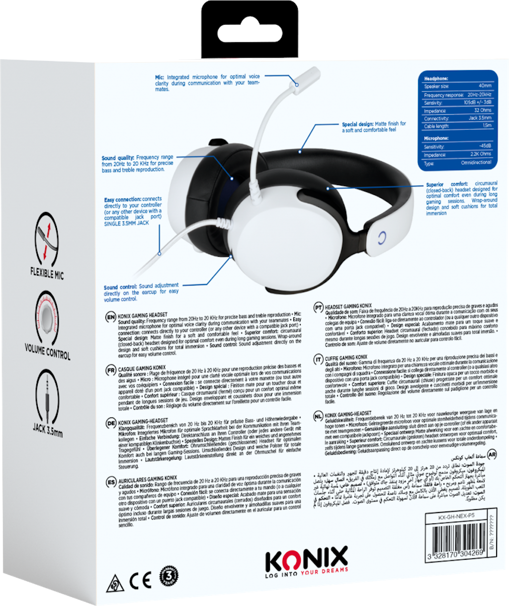 Achterkant van een Konix gaming headset doos. Tekst in meerdere talen en een hoofdtelefoondiagram.