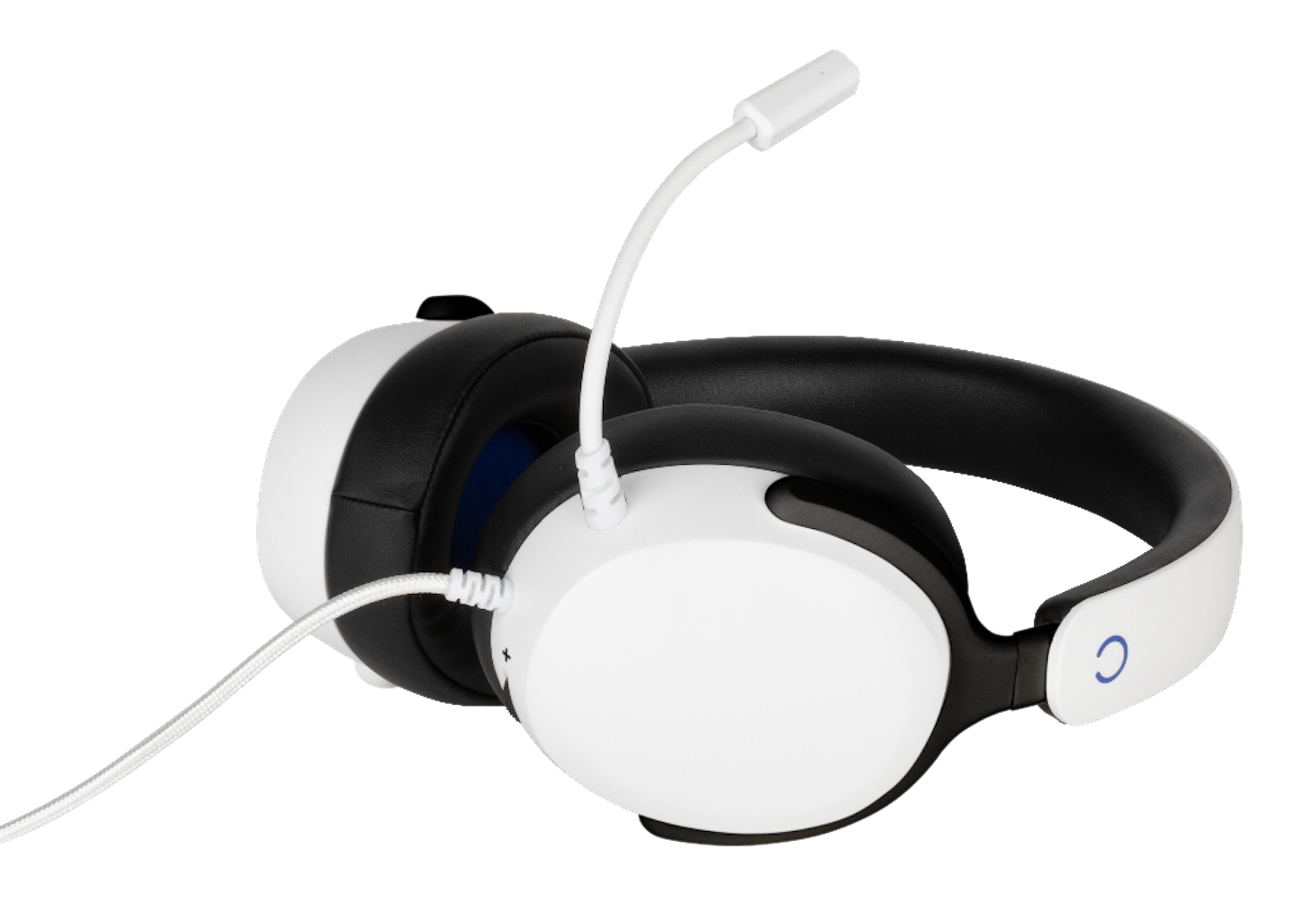 Witte en zwarte gamingheadset met microfoon op zwarte achtergrond.