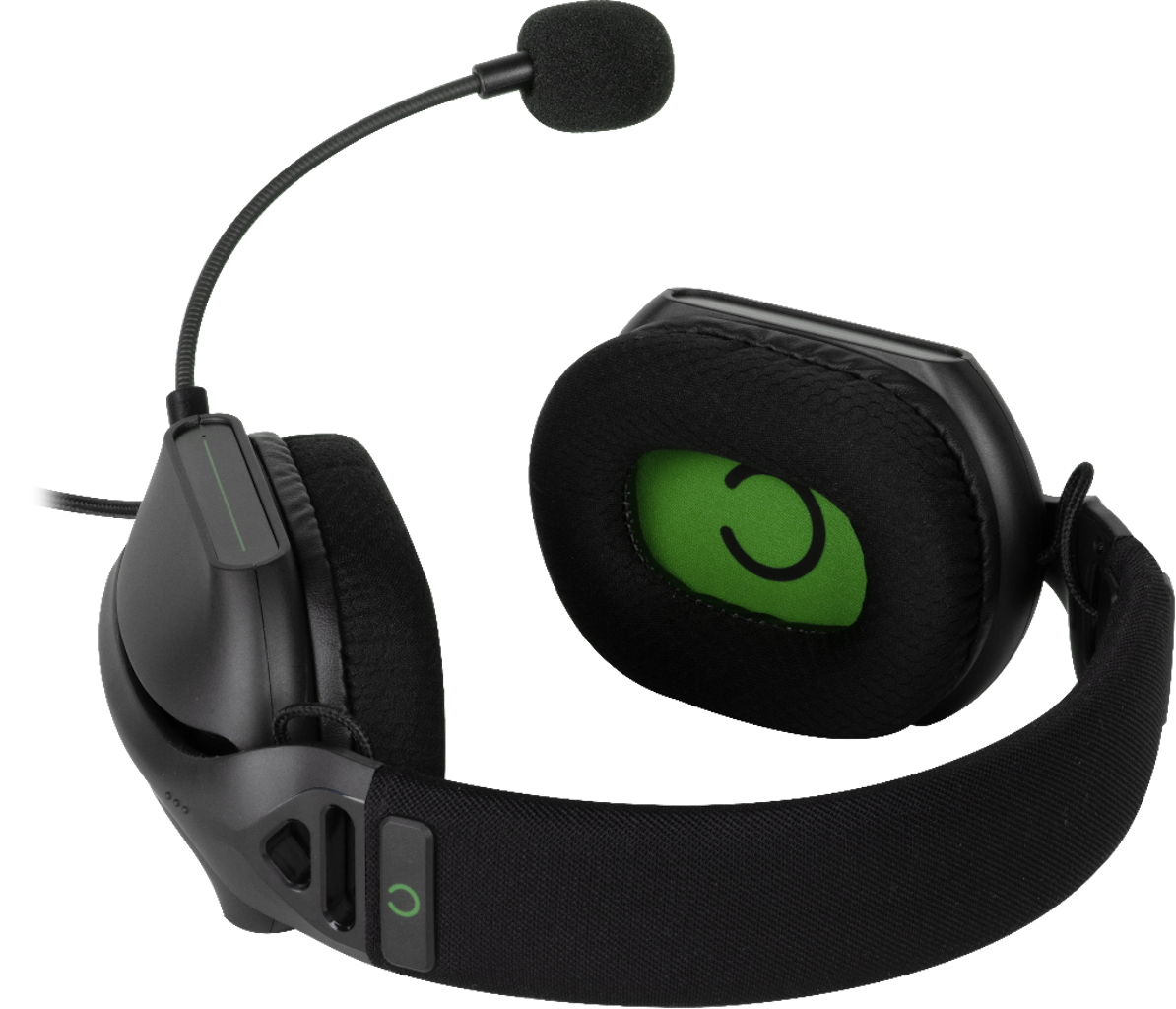 Zwarte gaming headset met groene accenten op de oorschelpen en hoofdband.