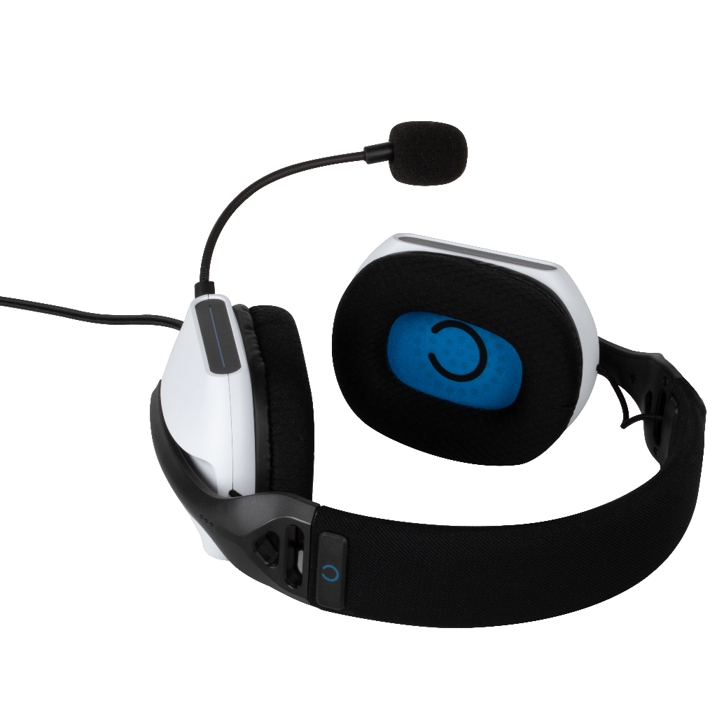Witte gaming headset met microfoon, zwarte achtergrond.