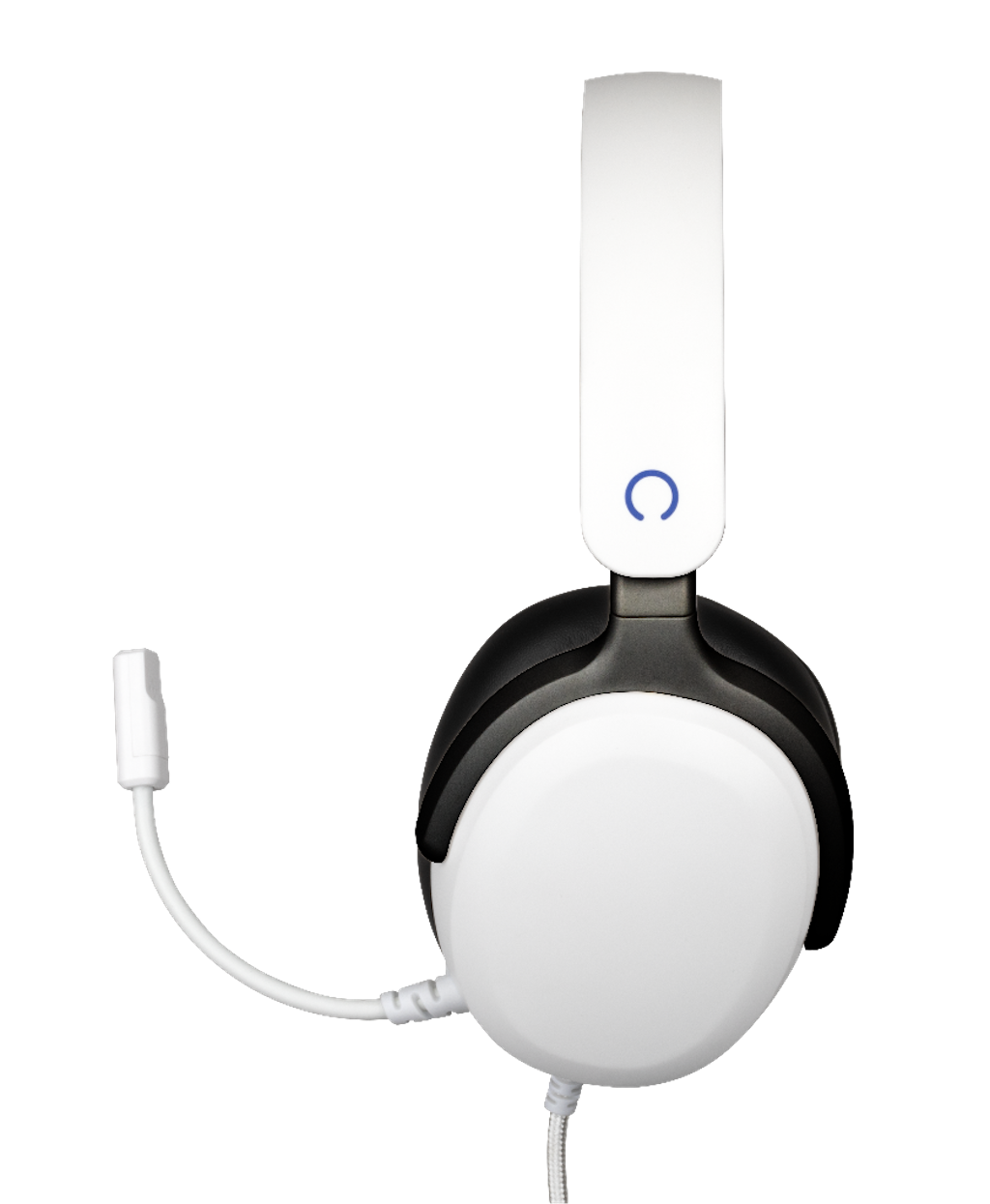 Witte en zwarte hoofdtelefoon met een microfoon. Het logo is een blauwe C.