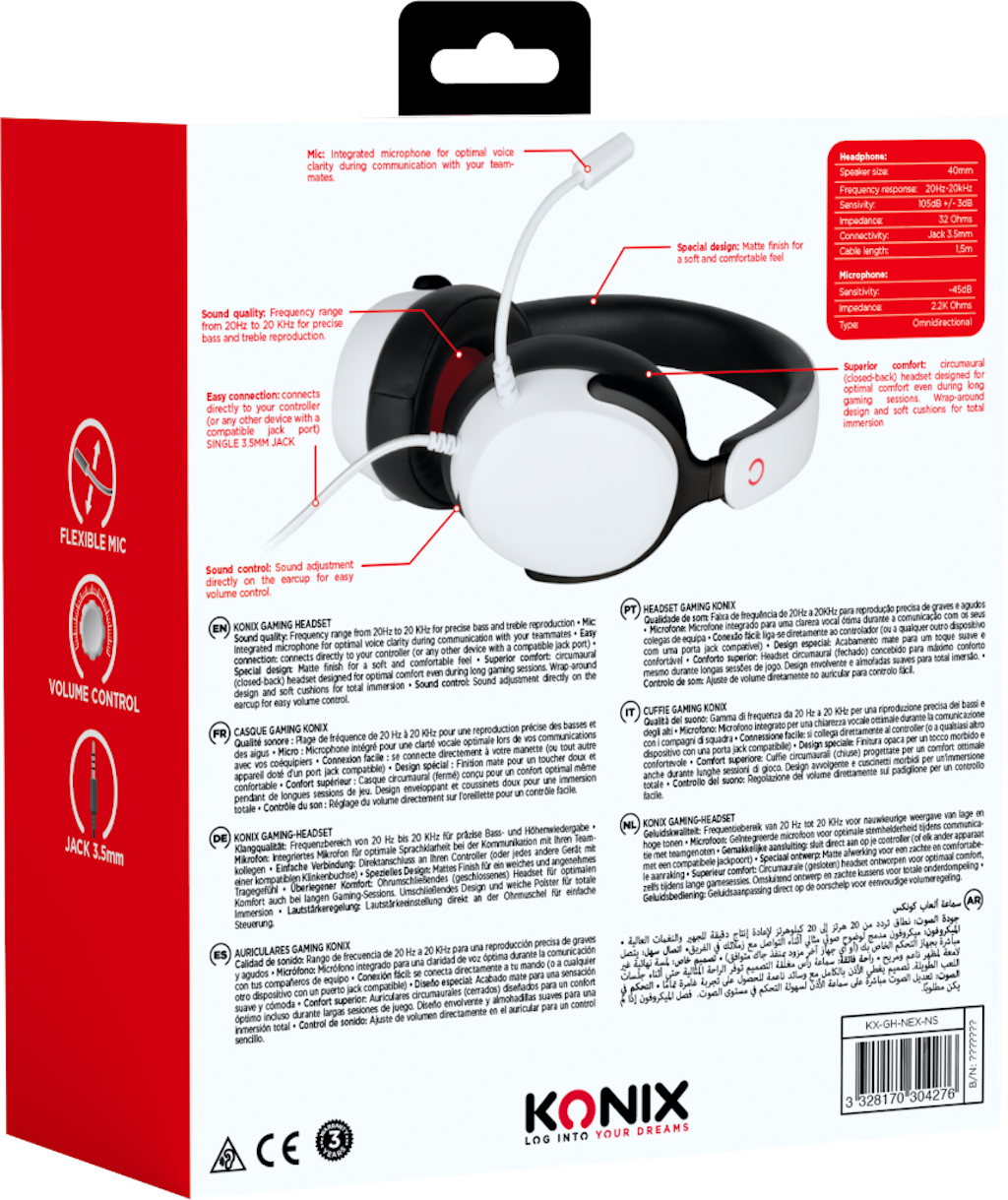 Rückseite einer Box mit Gaming-Headset-Spezifikationen und -Bildern, weißer Hintergrund.
