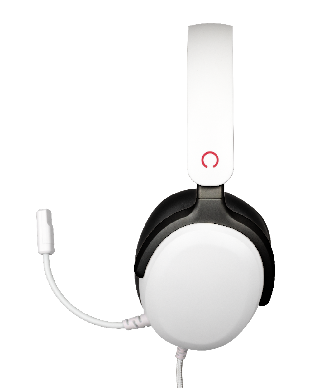 Weißes und schwarzes Gaming-Headset mit Mikrofon und rotem Kreis am Kopfbügel.