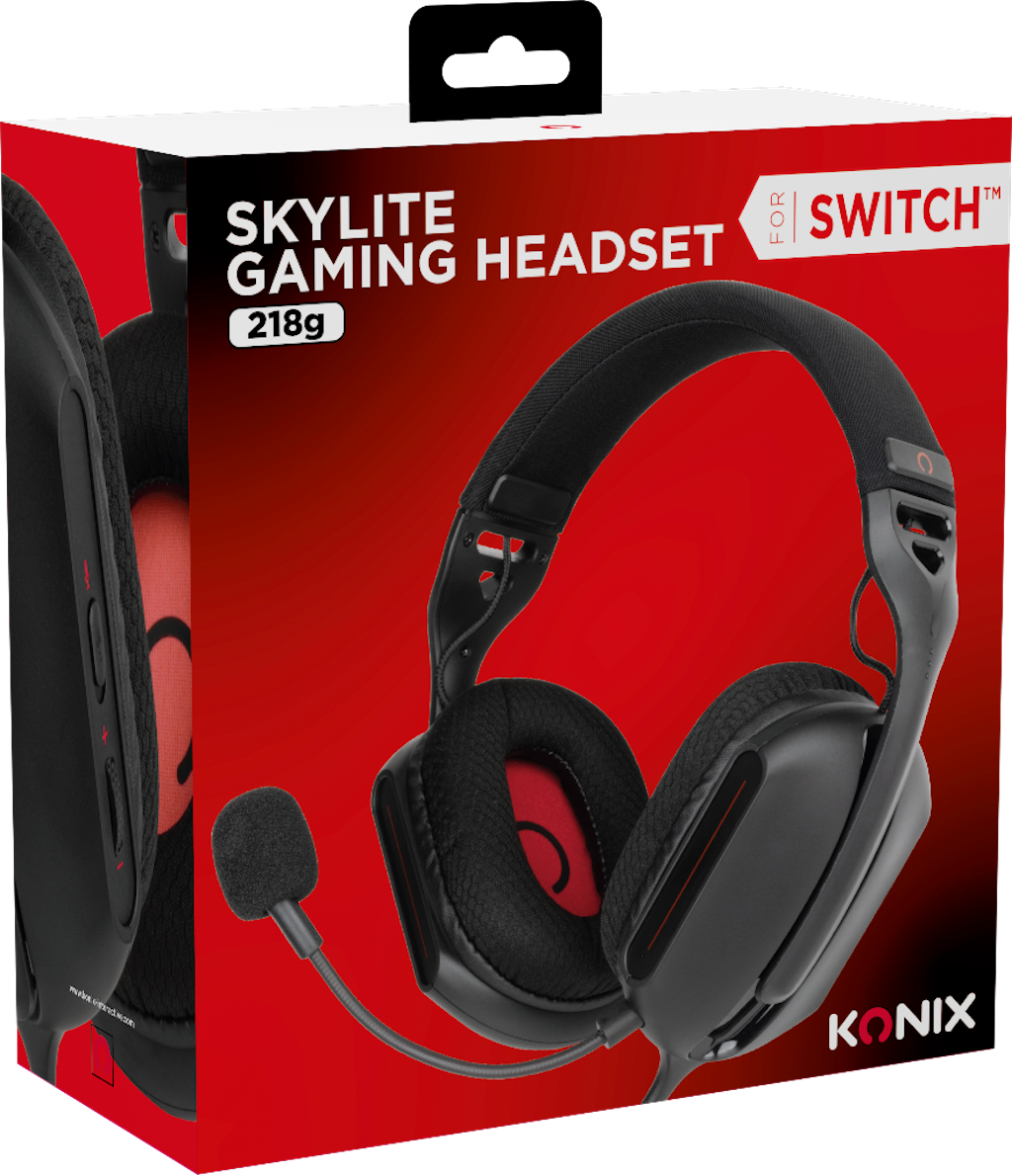 Scatola per cuffie gaming, design rosso e nero, con immagine e testo.