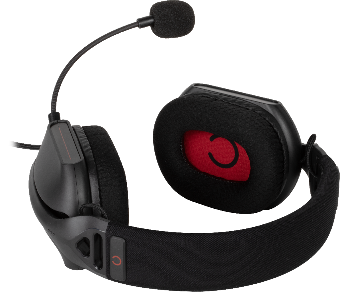 Cuffie da gioco nere con microfono. Sono visibili il padiglione auricolare sinistro e l'archetto.