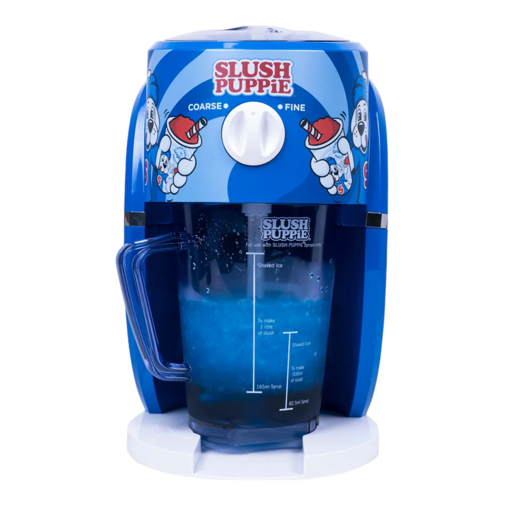 Blue slushy machine. A clear cup with blue slushy inside. White base, blue design.