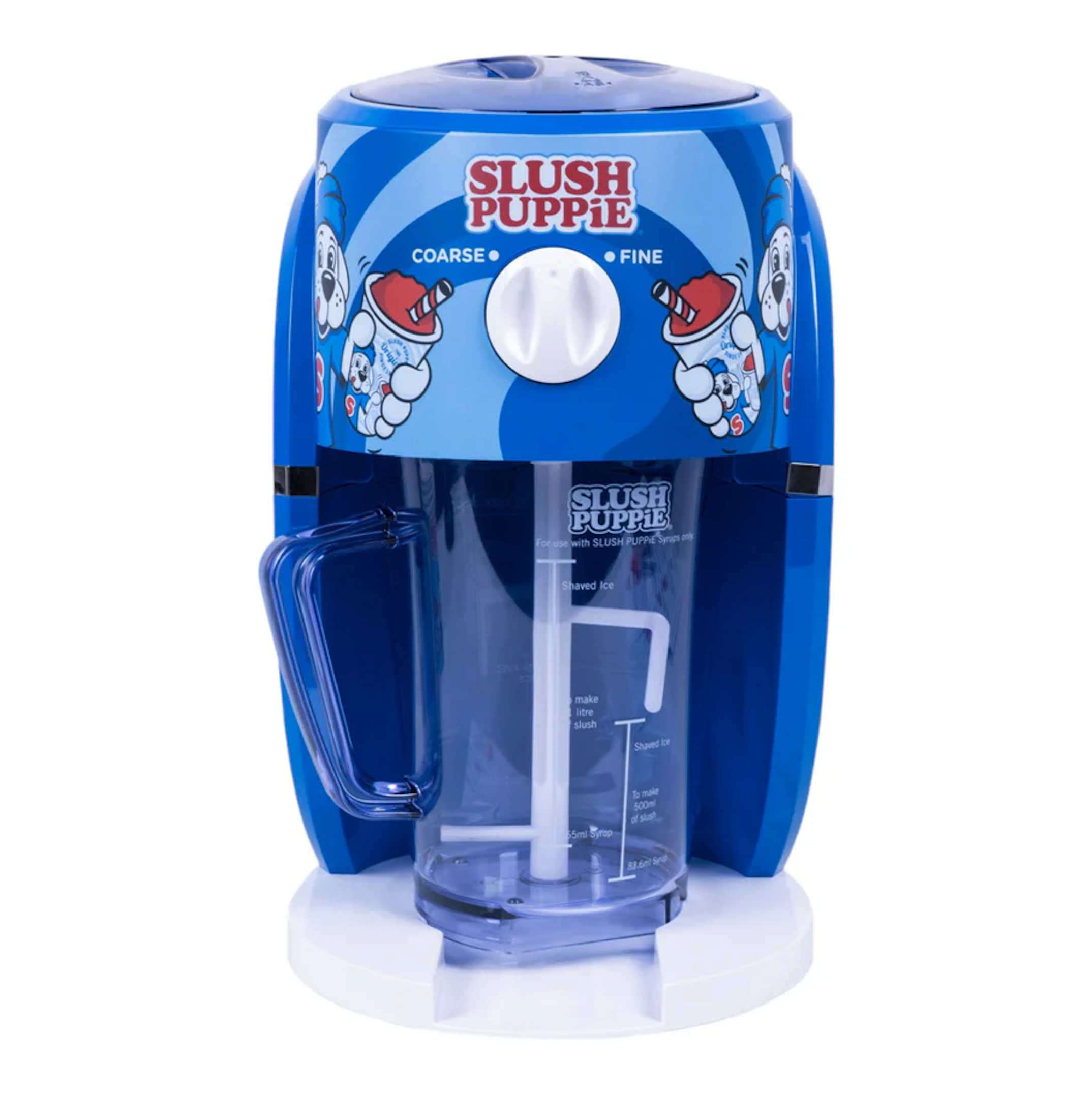 Blue Slush Puppie machine with clear container and white control. The machine has a puppy design.