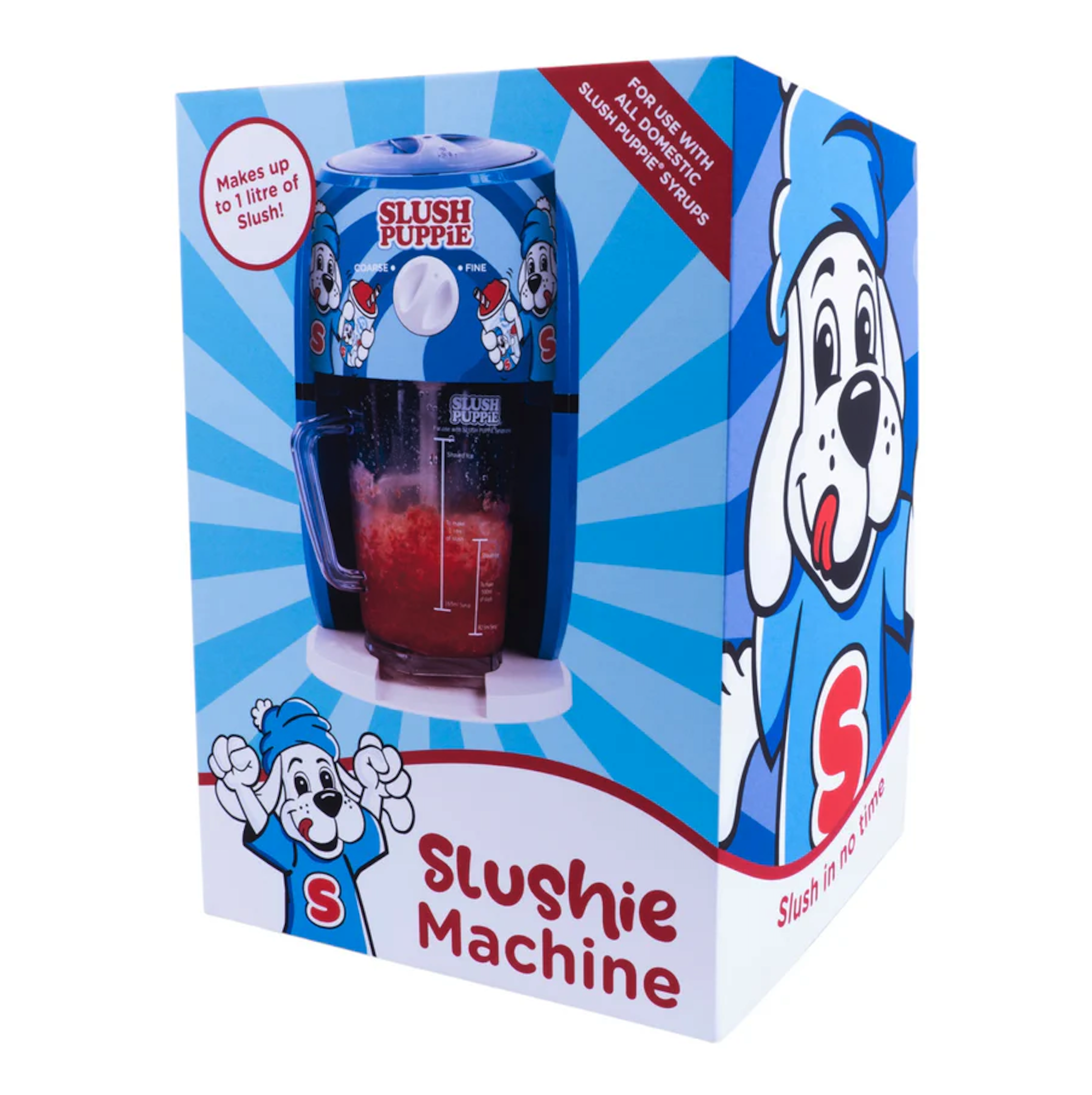 A Slush Puppie slushie machine on a white surface, with red slush inside.