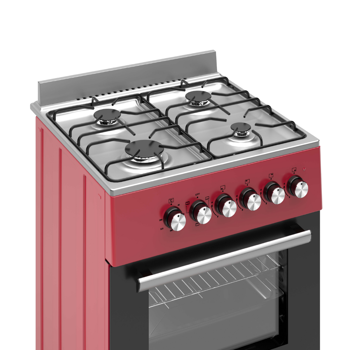 Red and silver stove with four burners, control knobs, and an oven.