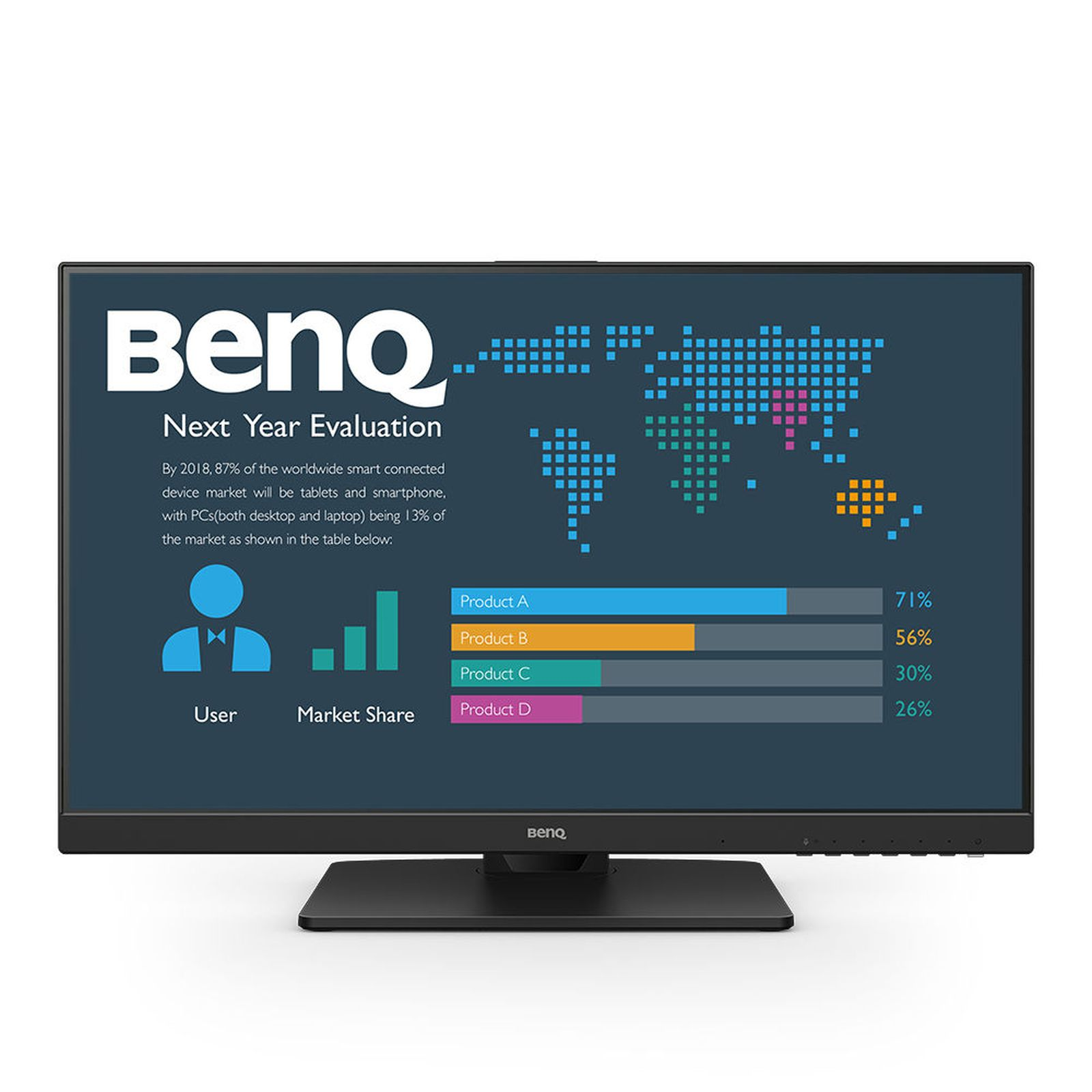BenQ monitor met grafiek en marktaandeelgegevens. Wereldkaart achtergrond. Zwarte rand.
