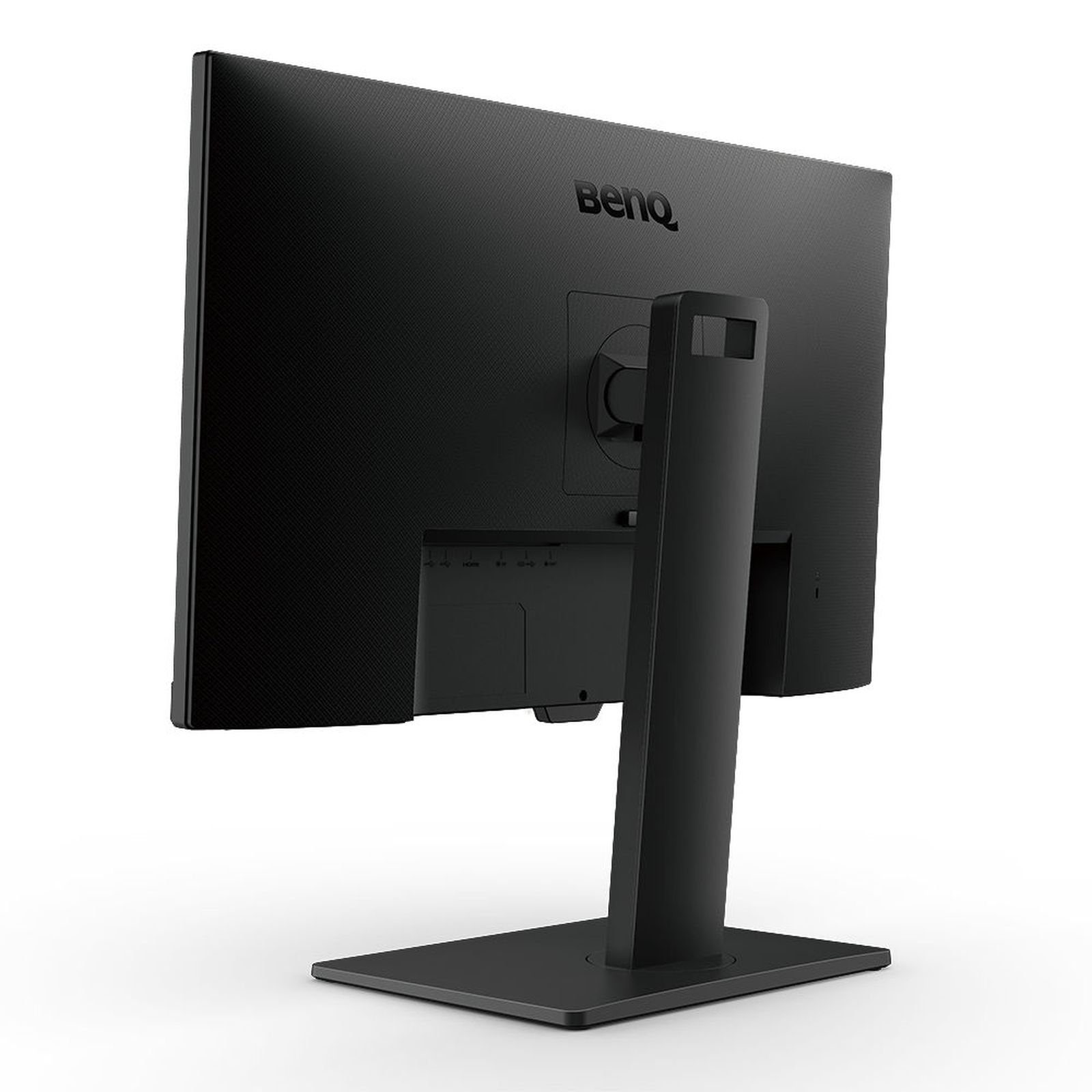 Achteraanzicht van een zwarte computermonitor met het BenQ-logo. De standaard en de achterkant zijn zwart.