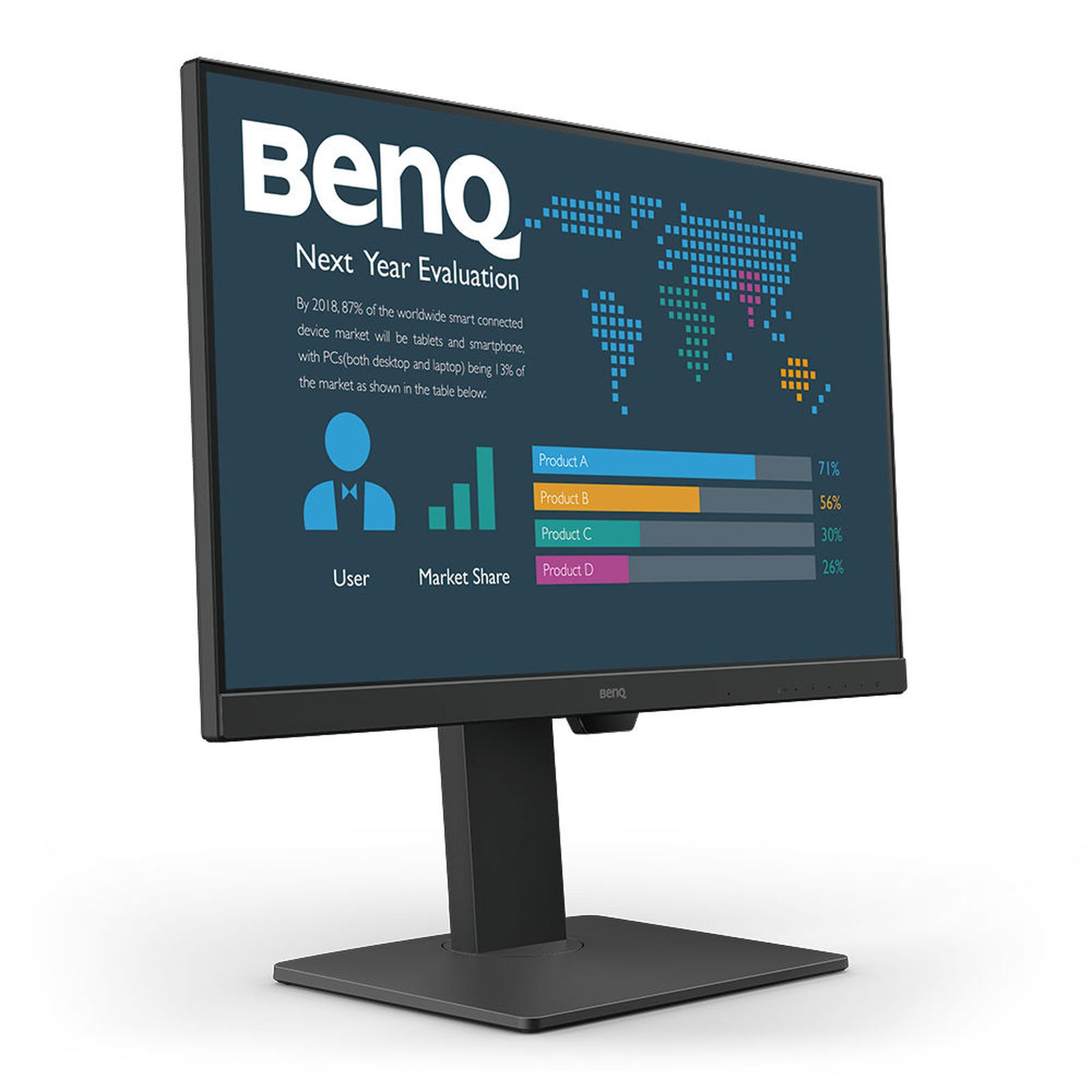Een computermonitor met gegevensdiagrammen en tekst. Het toont marktaandeel en productevaluaties.