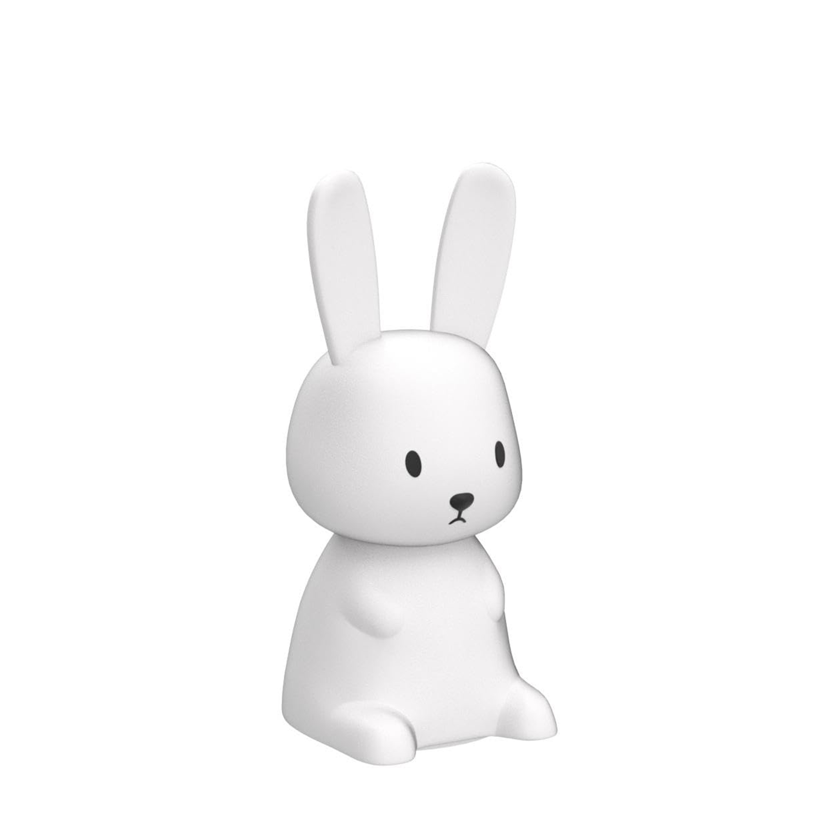 Weißes hasenförmiges Licht auf weißem Hintergrund. Der Hase sitzt aufrecht.