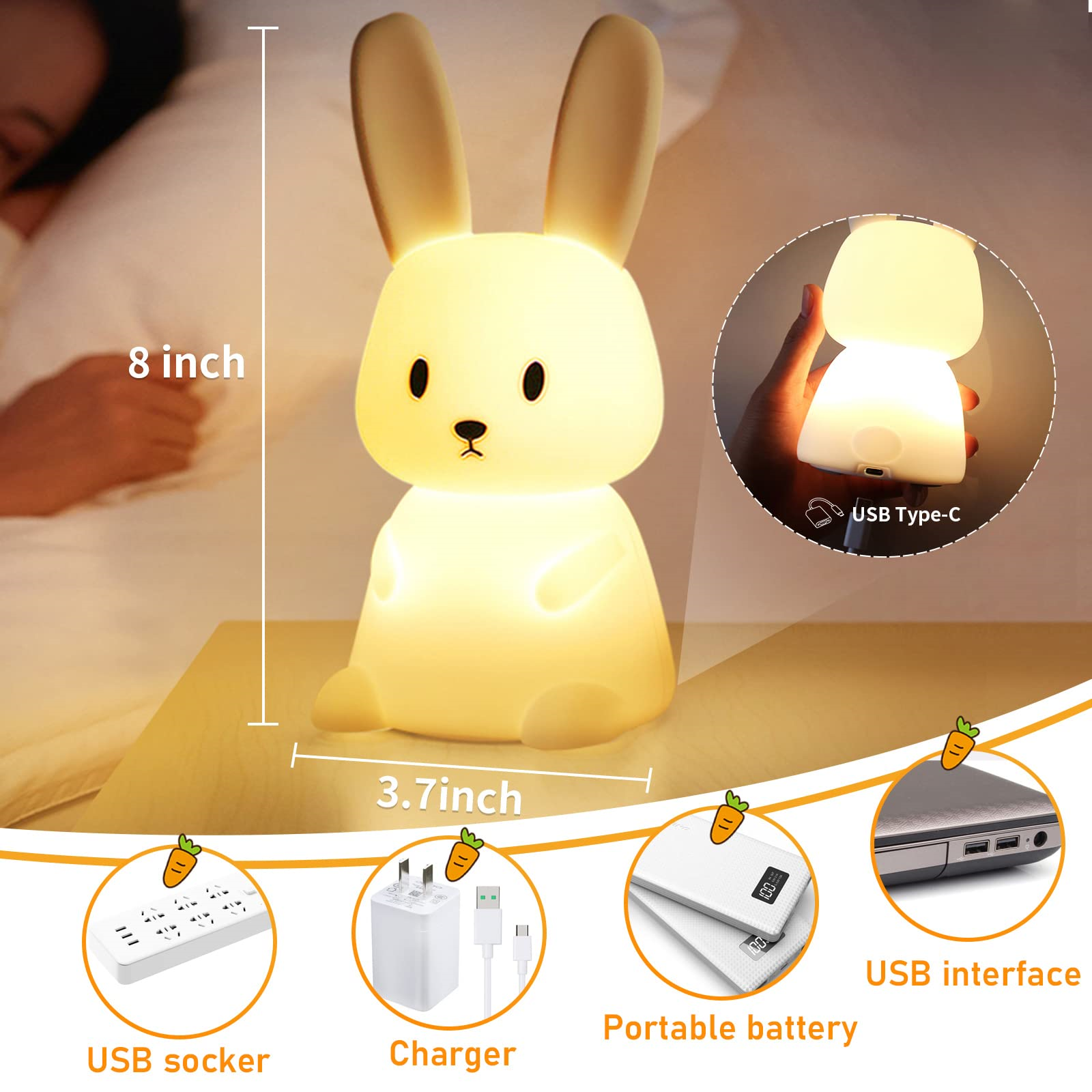 Ein hasenförmiges Nachtlicht auf einem Tisch. Es leuchtet und hat USB-Anschluss, Ladegerät und Akku.