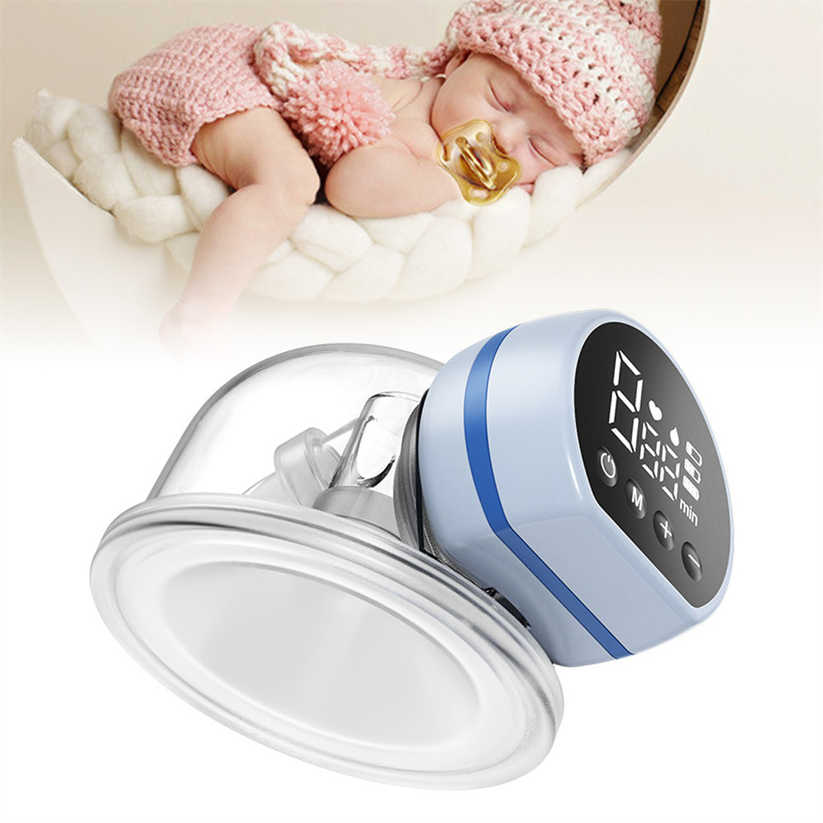 Baby schläft in einem mondsichelförmigen Bett. Brustpumpe mit blauem Digitaldisplay im Vordergrund.