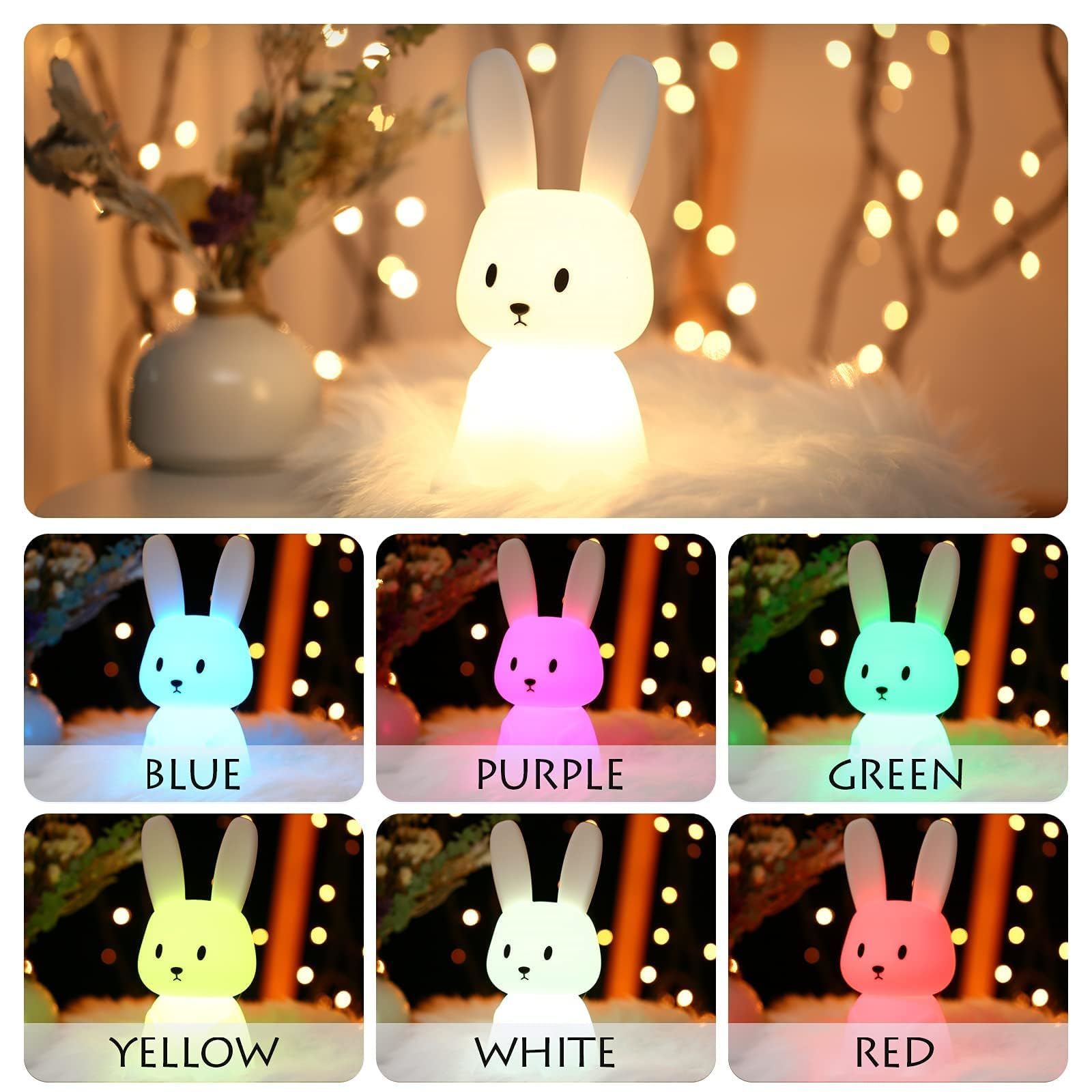 Eine hasenförmige Lampe leuchtet in Weiß, Blau, Lila, Grün, Gelb und Rot mit Bokeh-Hintergrund.