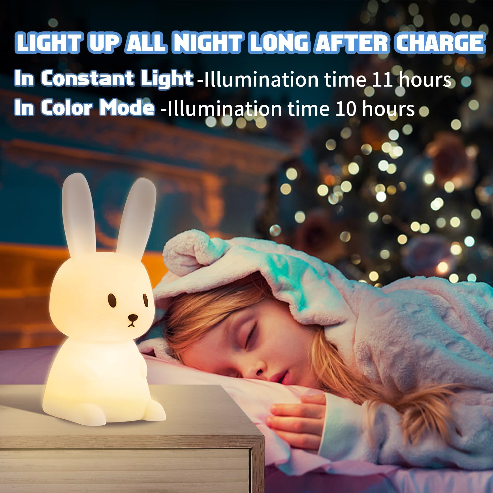 Eine beleuchtete weiße Hasenlampe auf einem Nachttisch, ein Mädchen schläft im Bett. Text erwähnt Leuchtdauer.